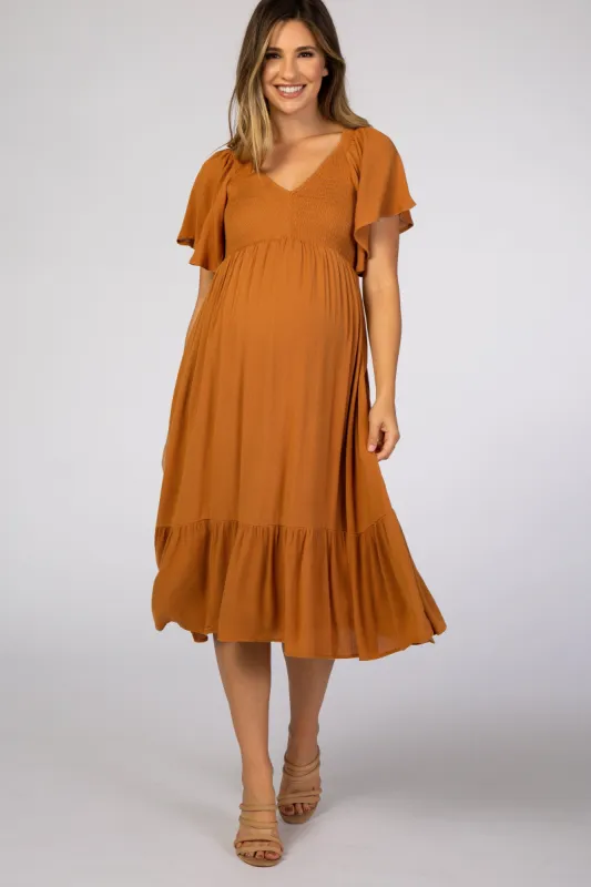 Gold Smocked Ruffle Maternity Dress sold by Pinkblush