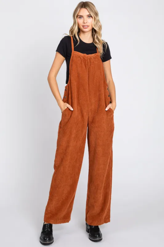 Rust Corduroy Wide Leg Overalls sold by Pinkblush