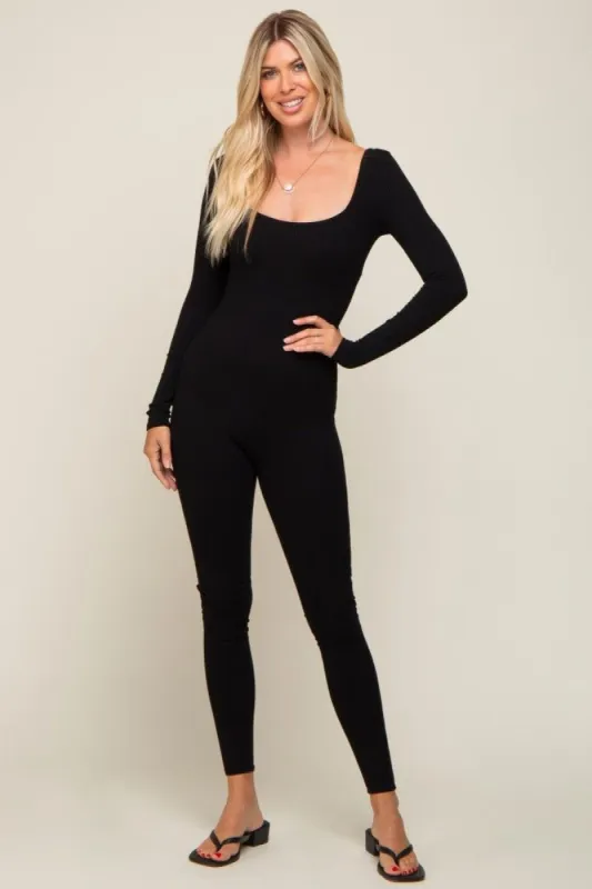 Black Ribbed Square Neck Long Sleeve Jumpsuit sold by Pinkblush