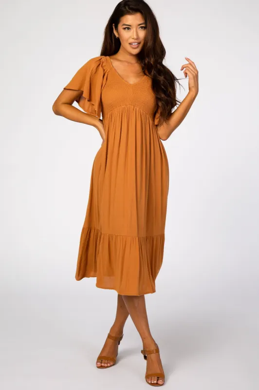 Gold Smocked Ruffle Dress sold by Pinkblush