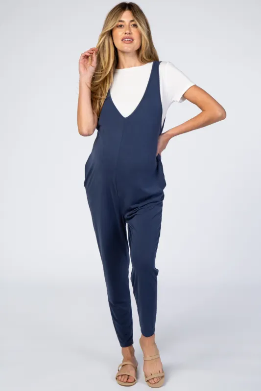 Navy V-Neck Maternity Jumpsuit sold by Pinkblush