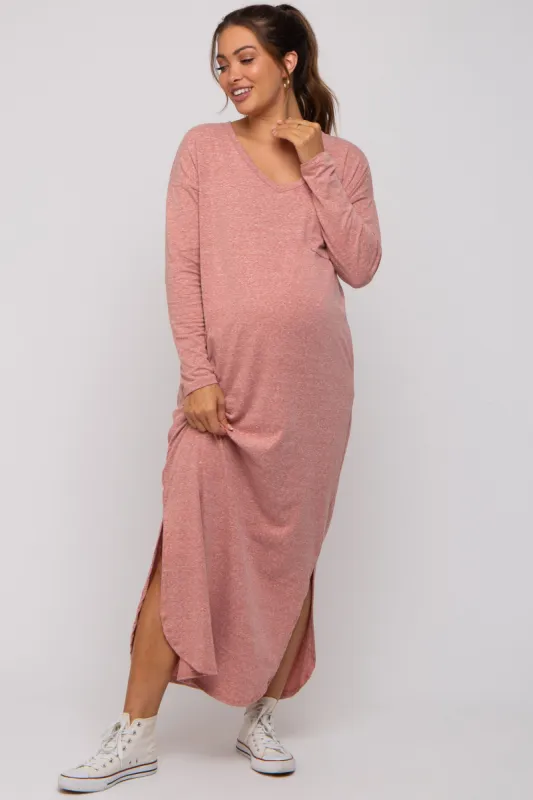 Pink Heathered Pocketed Long Sleeve Maternity Maxi Dress sold by Pinkblush