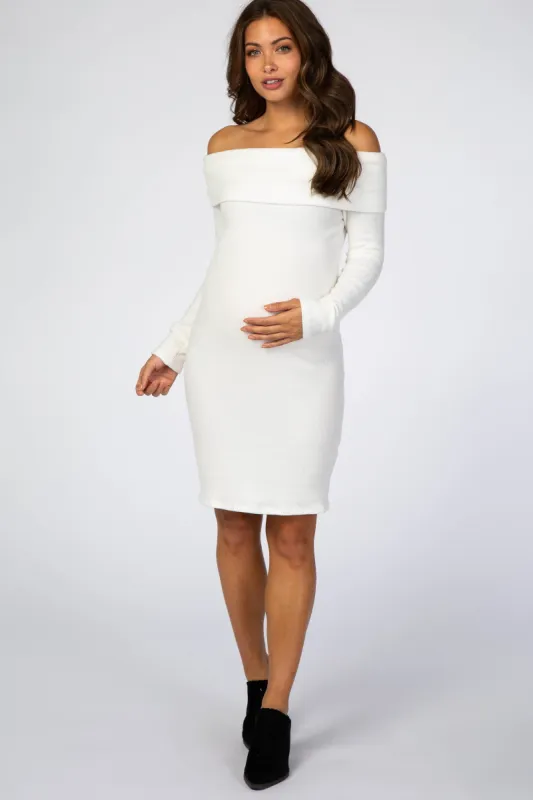 Ivory Soft Ribbed Folded Neck Off Shoulder Maternity Dress sold by Pinkblush