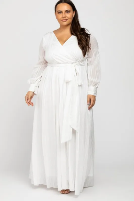 White Metallic Striped Chiffon Maxi Plus Dress sold by Pinkblush