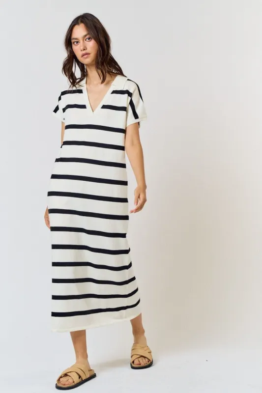 Ivory Striped Knit Collared V-Neck Midi Dress sold by Pinkblush