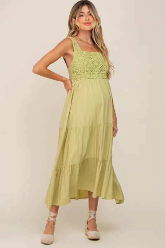 Lime Crochet Tiered Maternity Midi Dress sold by Pinkblush