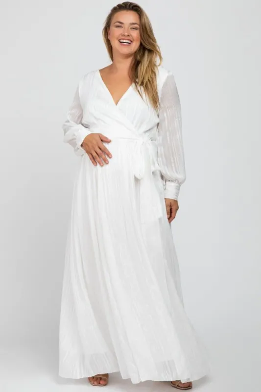 White Metallic Striped Chiffon Maternity Plus Maxi Dress sold by Pinkblush