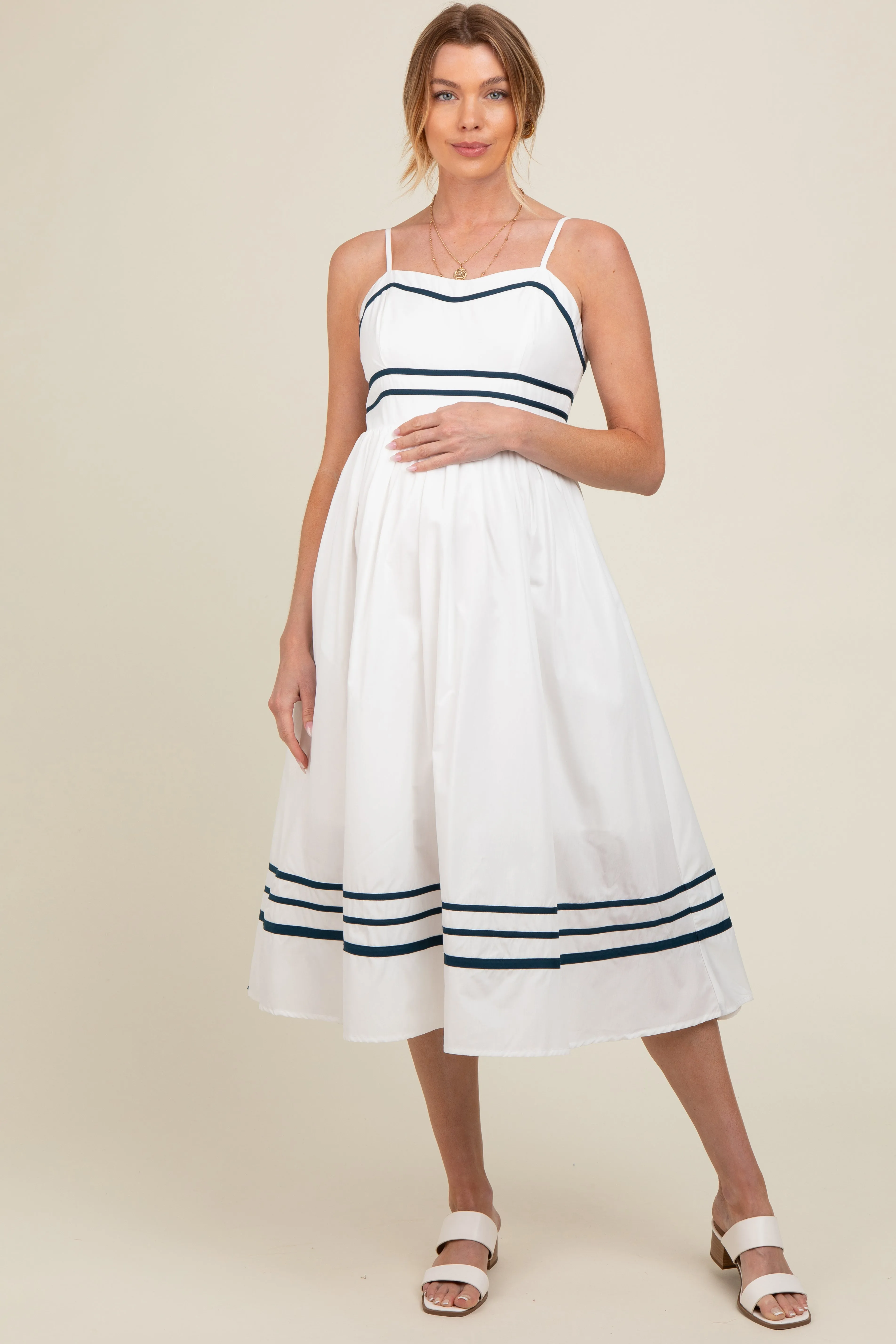 Ivory Contrast Stripe Maternity Midi Dress sold by Pinkblush