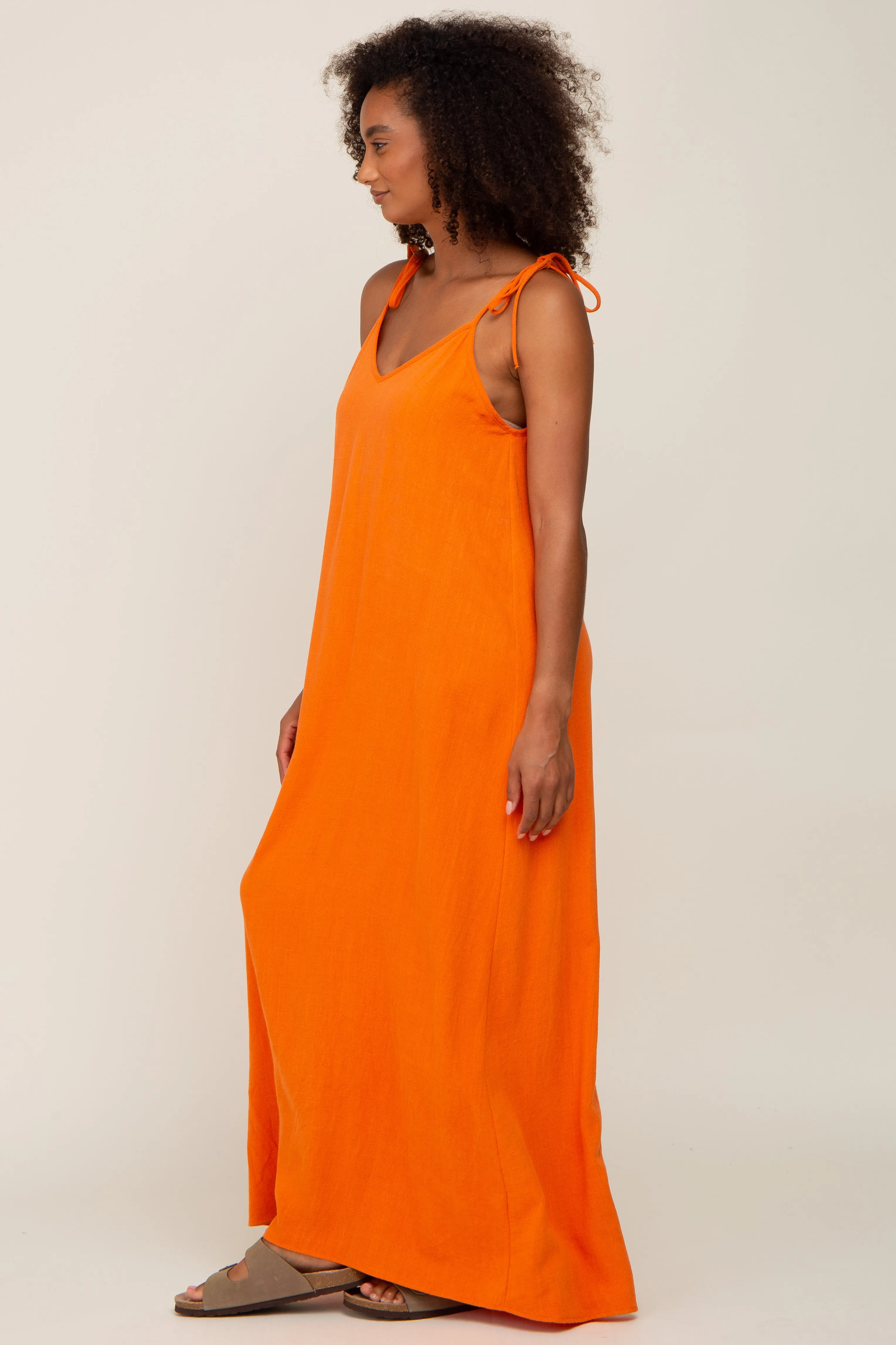 Orange Linen V-Neck Tie Strap Maxi Dress sold by Pinkblush product image thumbnail 2