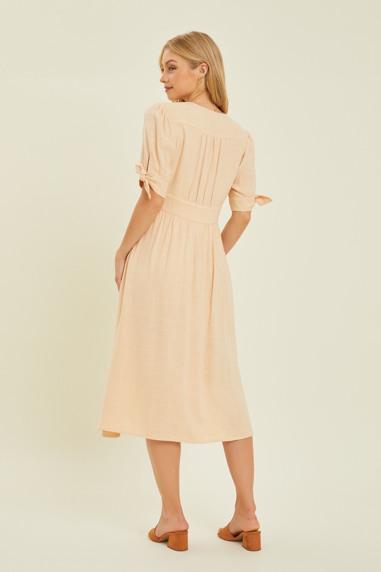 Cream Textured Linen V-Neck Button-Down Midi Dress sold by Pinkblush product image thumbnail 3