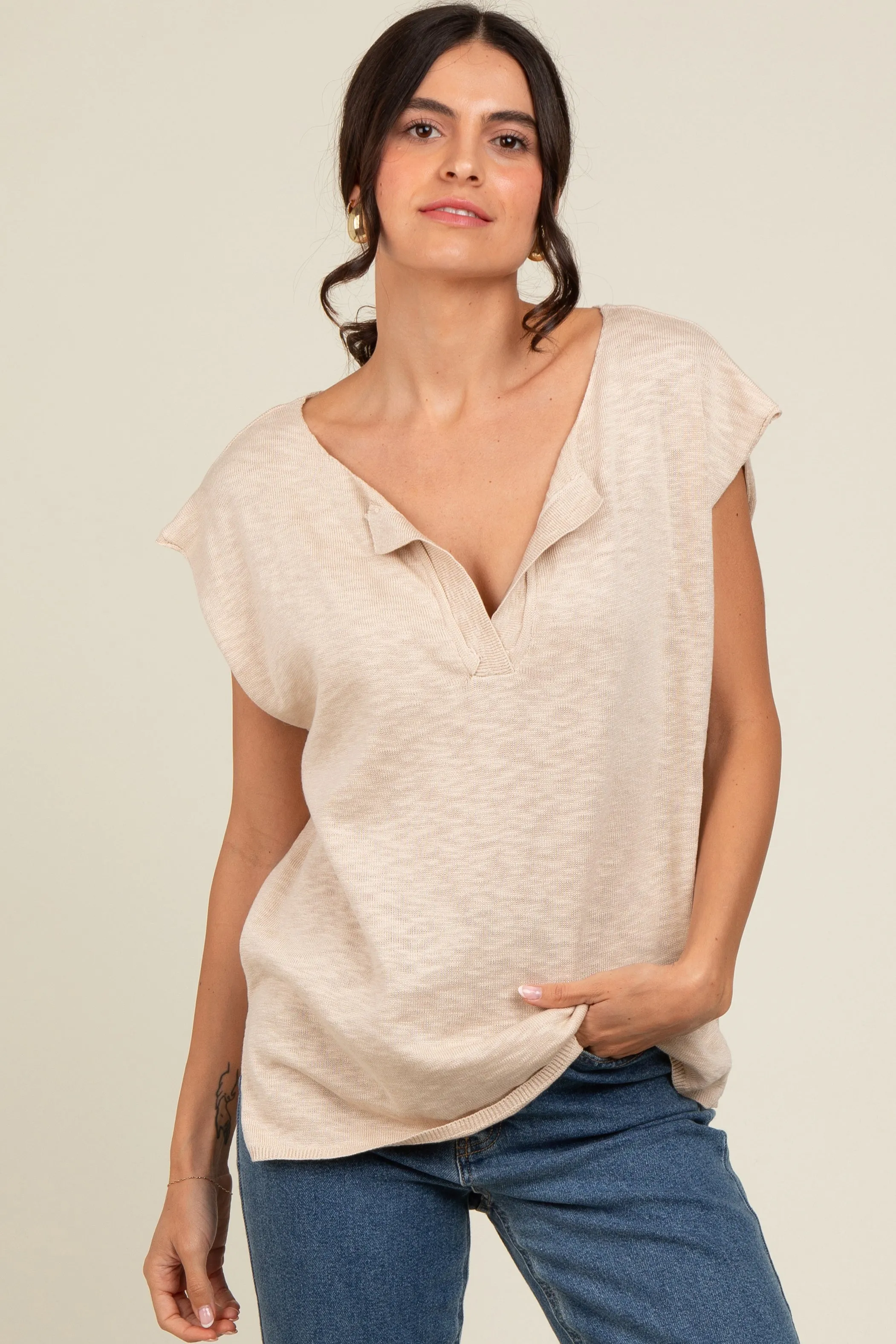 Beige Two Tone Split V-Neck Dolman Short Sleeve Maternity Top sold by Pinkblush product image thumbnail 3