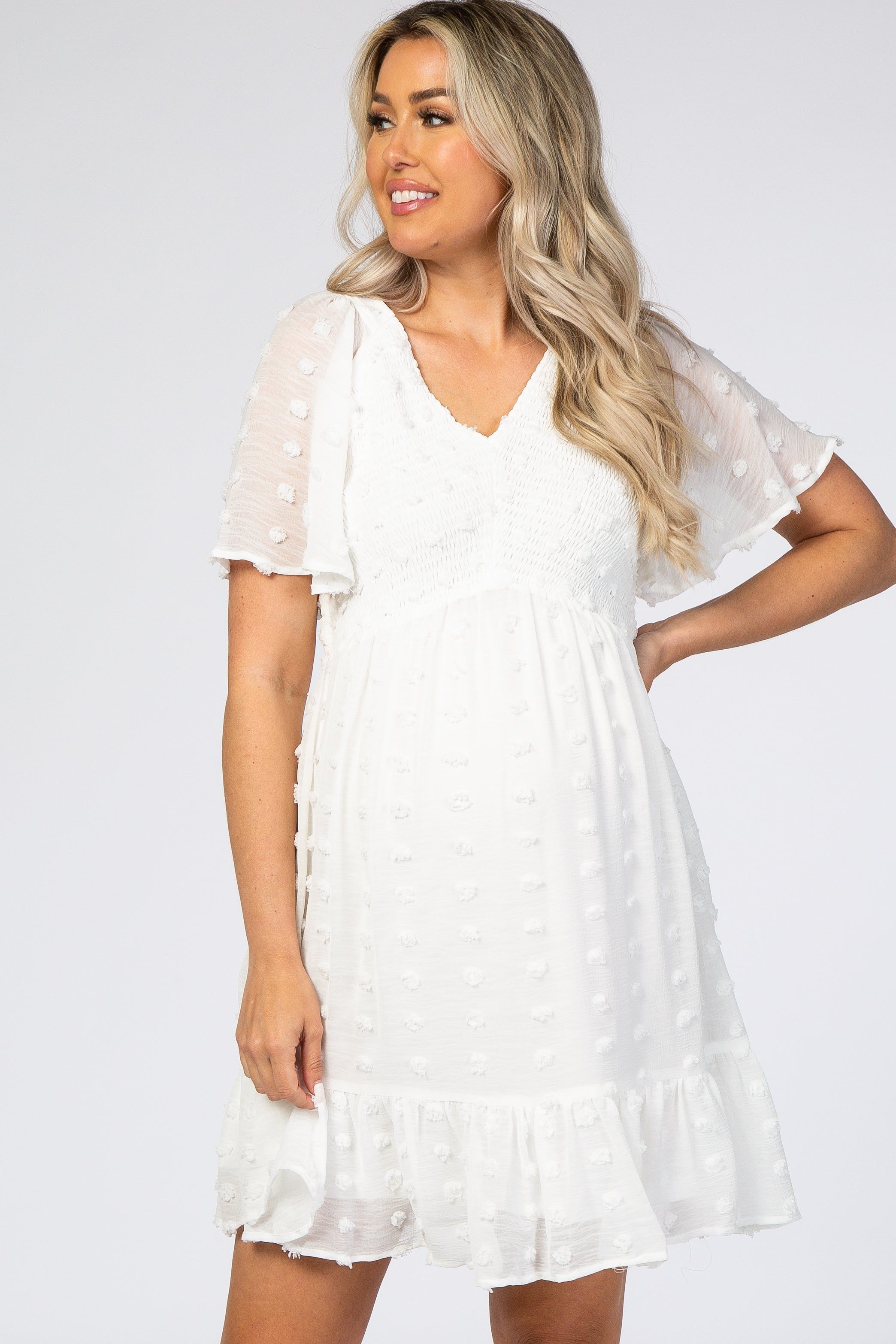 White Swiss Dot Smocked Maternity Dress sold by Pinkblush product image thumbnail 4