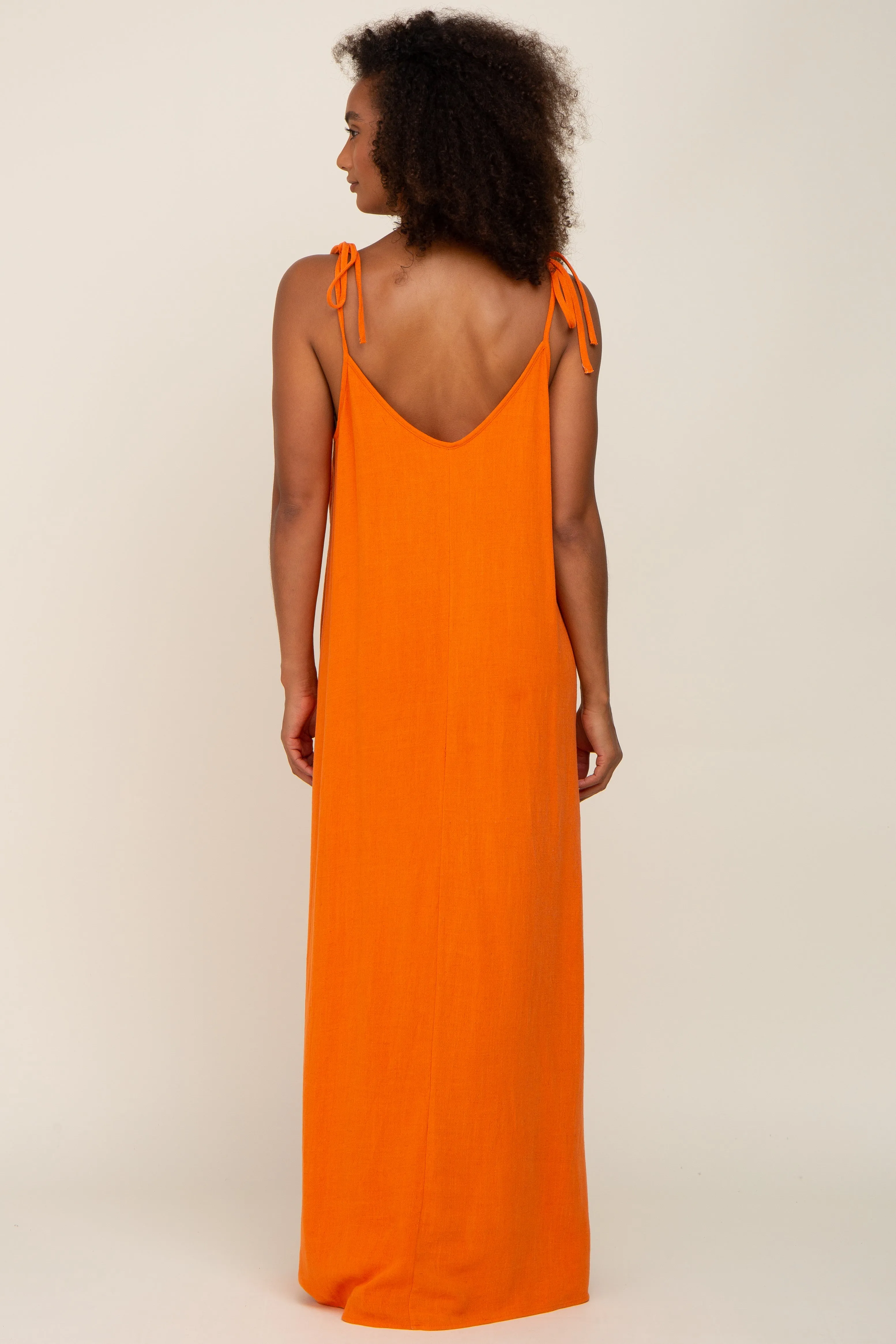 Orange Linen V-Neck Tie Strap Maxi Dress sold by Pinkblush product image thumbnail 3