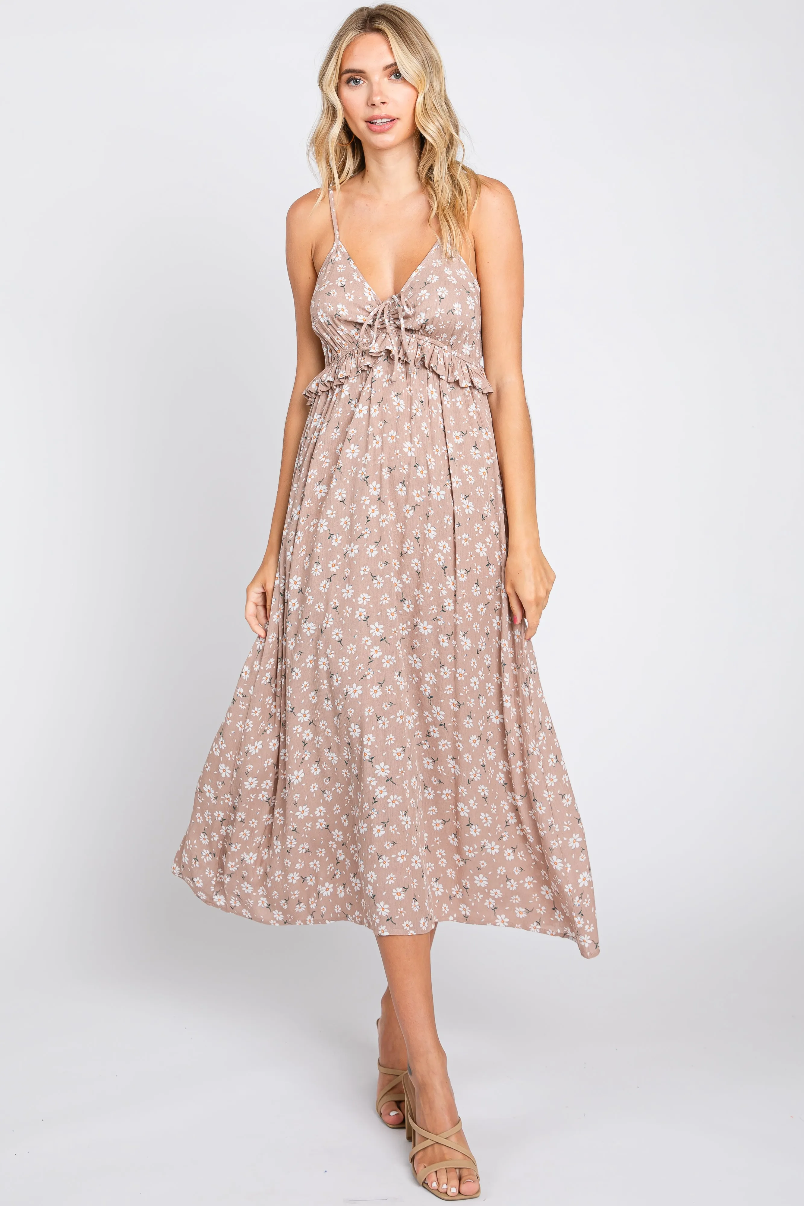 Mocha Daisy Floral Front Tie Ruffle Waist Maternity Midi Dress sold by Pinkblush product image thumbnail 5