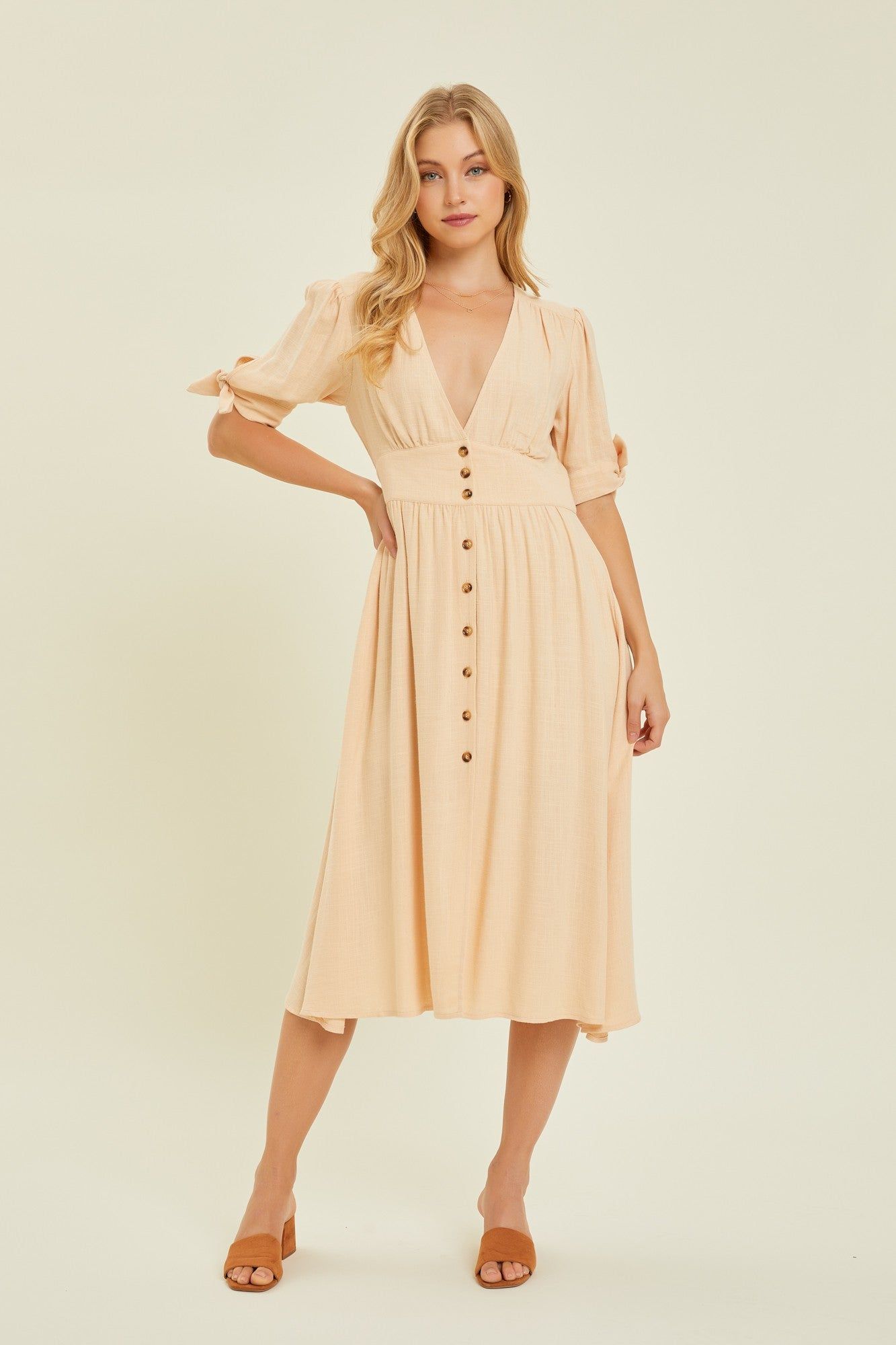 Cream Textured Linen V-Neck Button-Down Midi Dress sold by Pinkblush