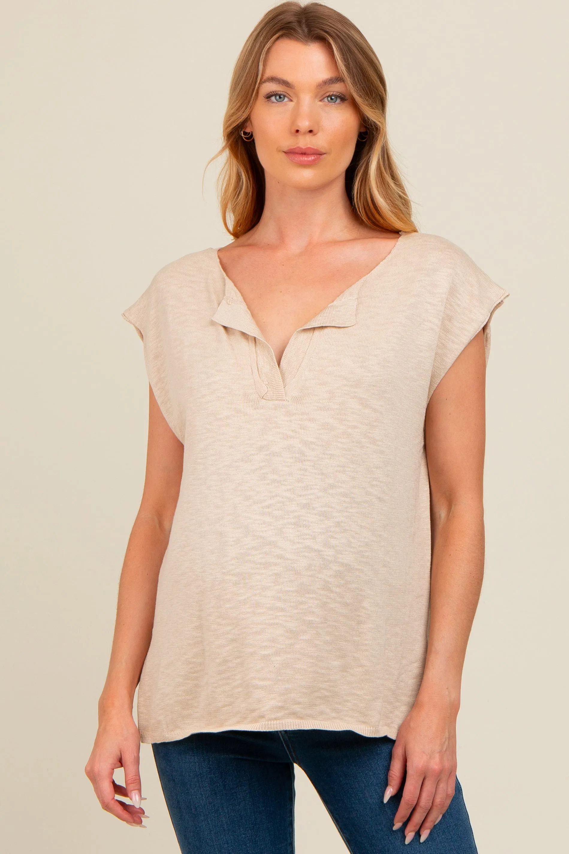 Beige Two Tone Split V-Neck Dolman Short Sleeve Maternity Top sold by Pinkblush