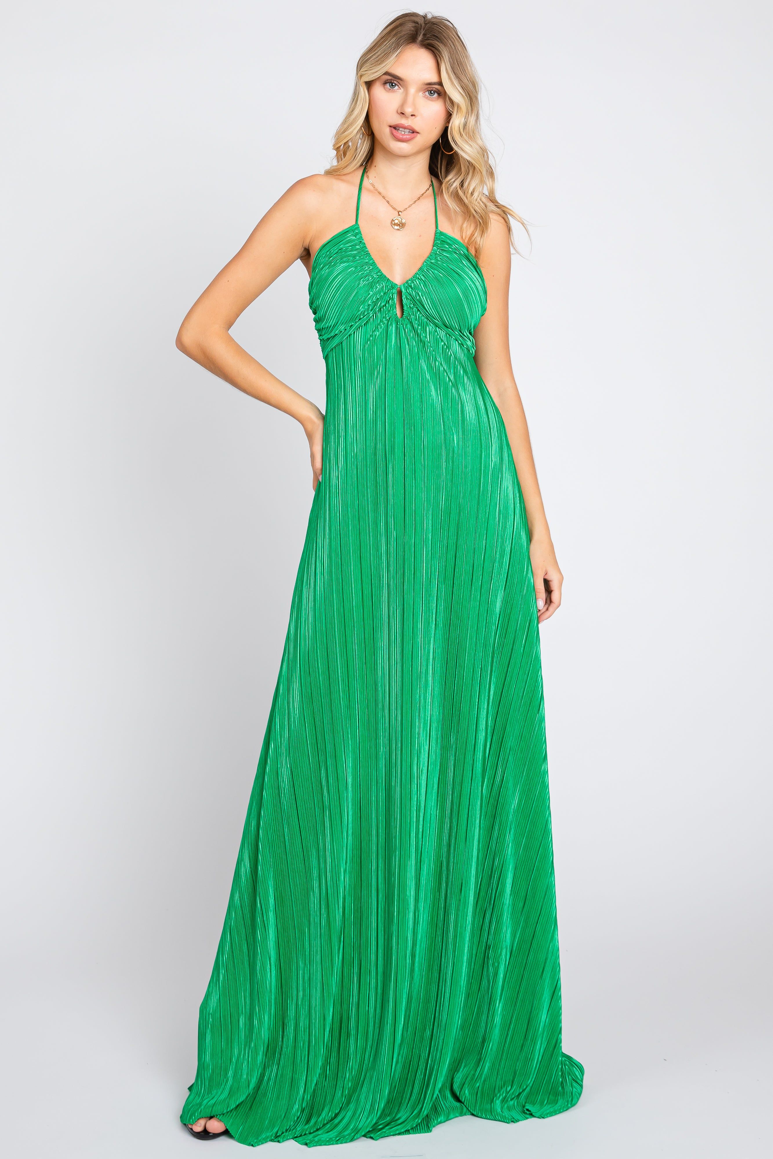 Green Plisse Halter Back Tie Maxi Dress sold by Pinkblush