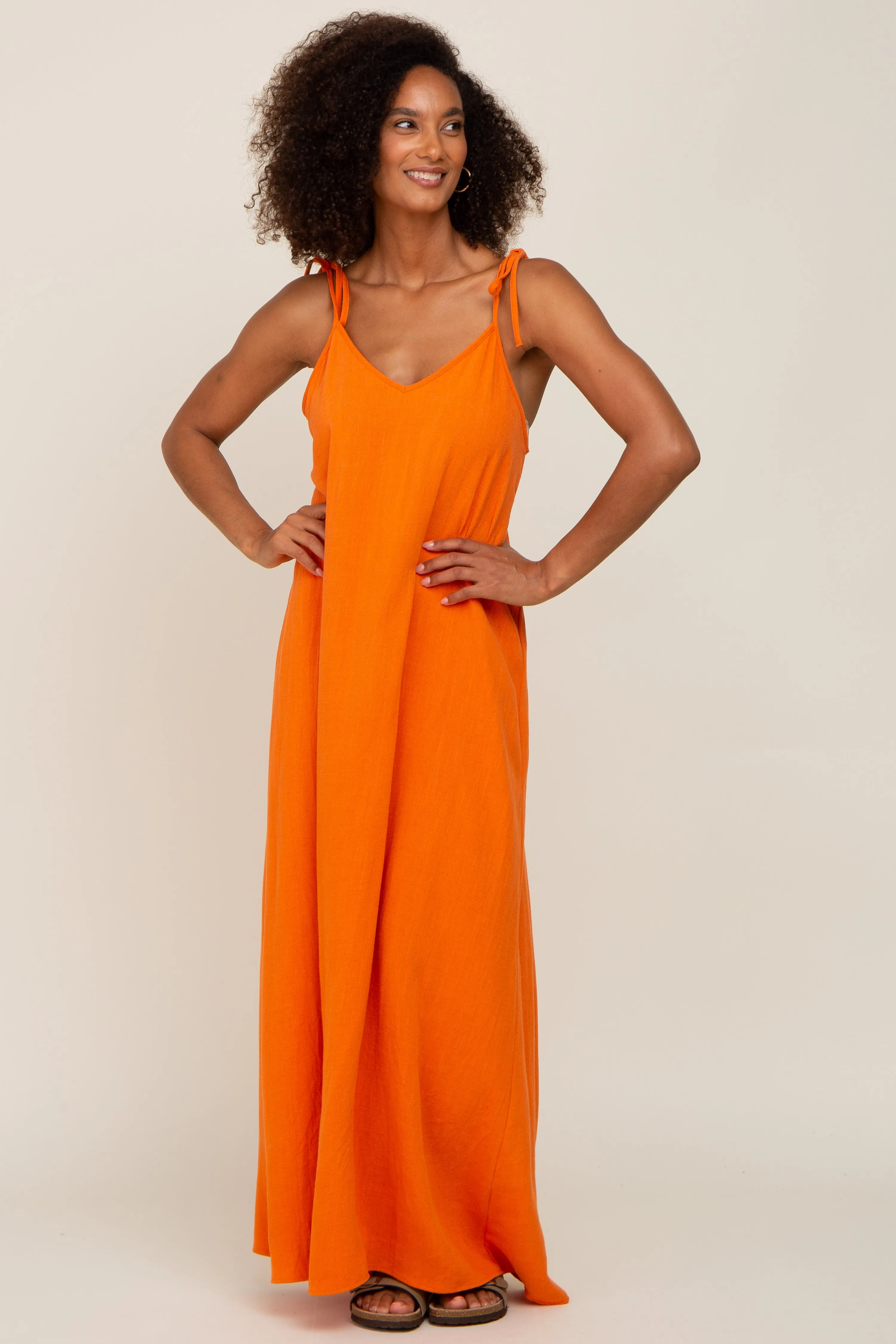 Orange Linen V-Neck Tie Strap Maxi Dress sold by Pinkblush product image thumbnail 4