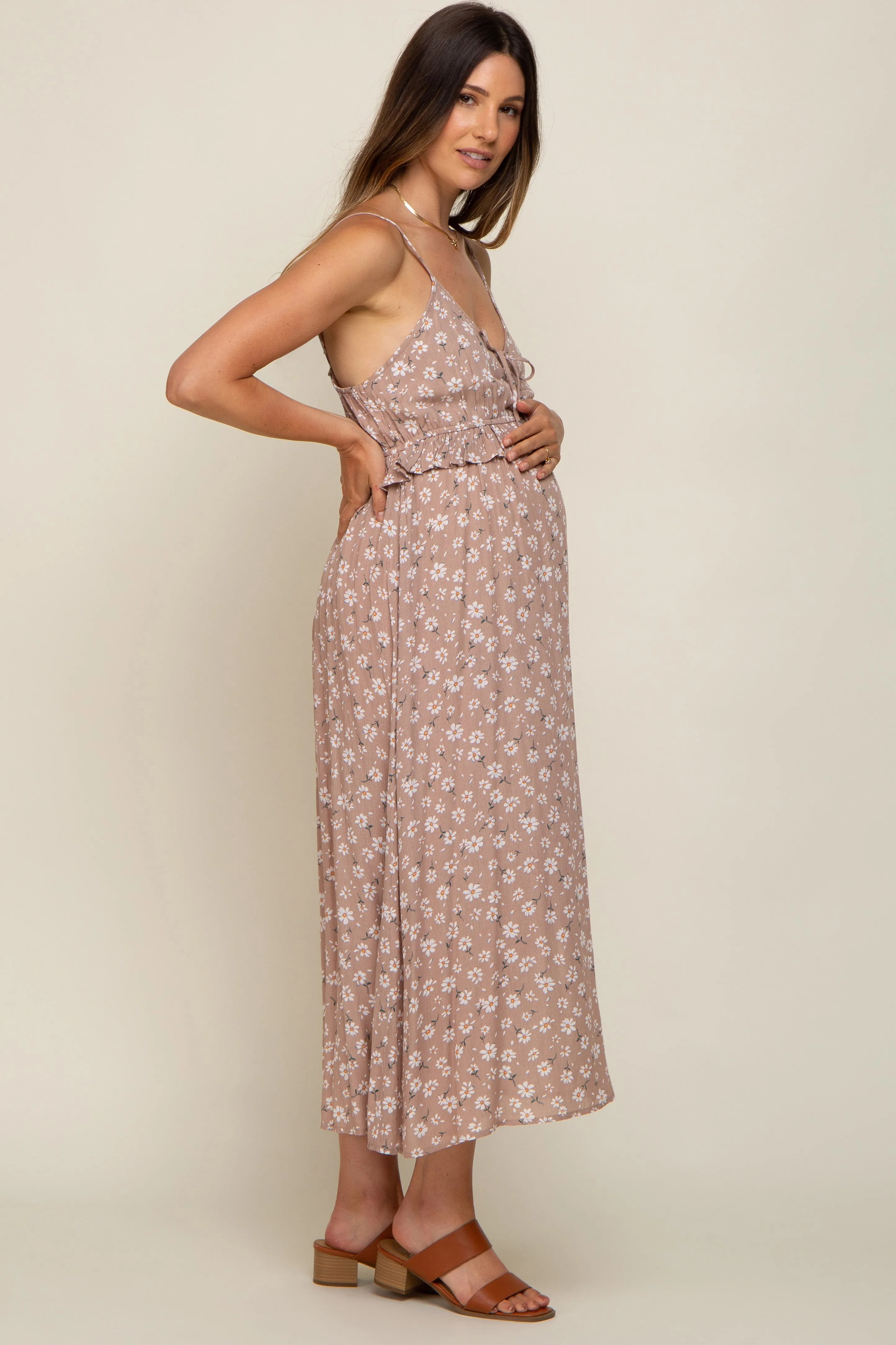 Mocha Daisy Floral Front Tie Ruffle Waist Maternity Midi Dress sold by Pinkblush product image thumbnail 3