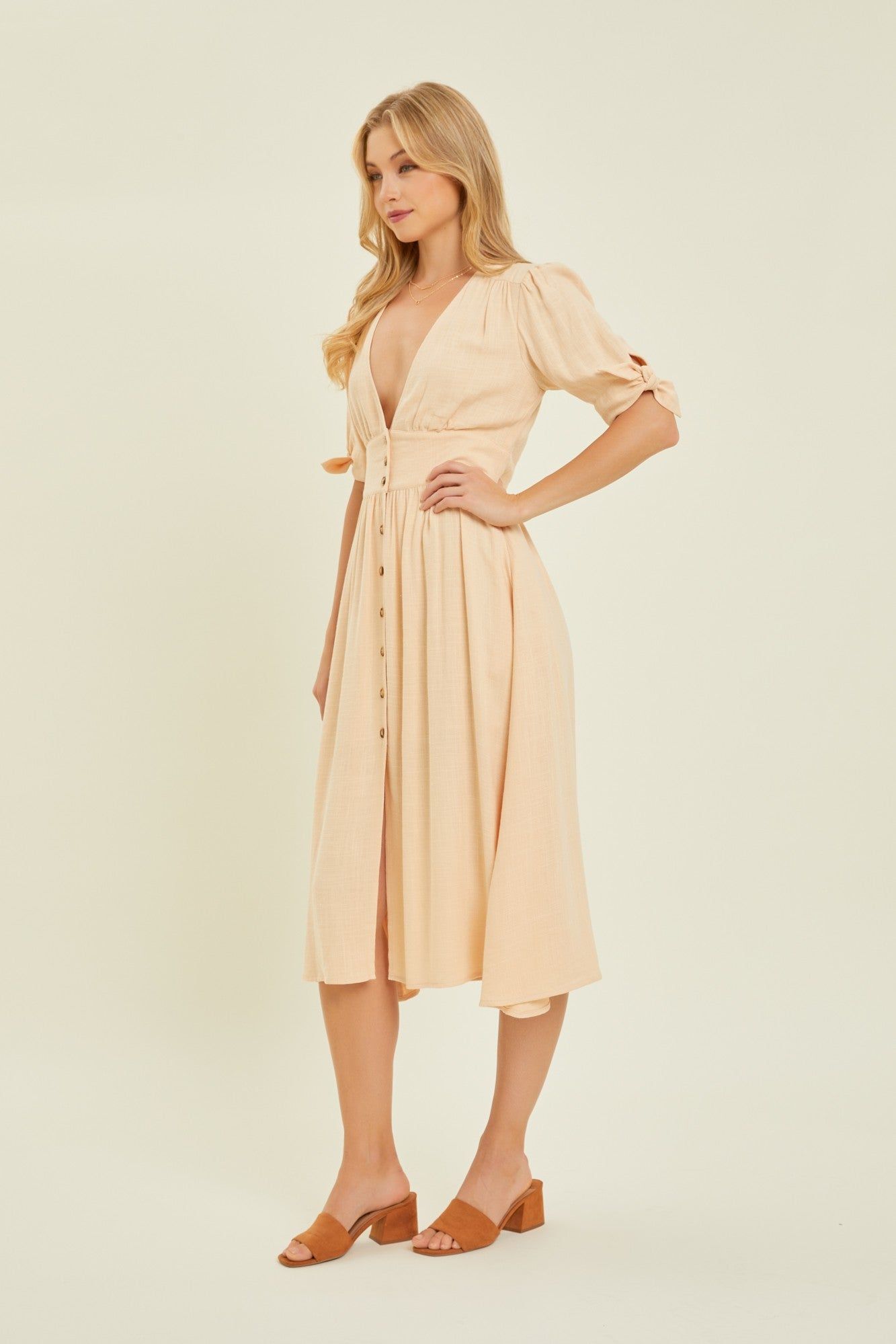 Cream Textured Linen V-Neck Button-Down Midi Dress sold by Pinkblush product image thumbnail 2