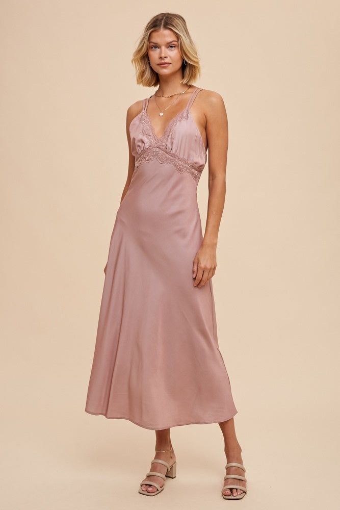 Dark Mauve Matte Satin Lace Slip Dress sold by Pinkblush