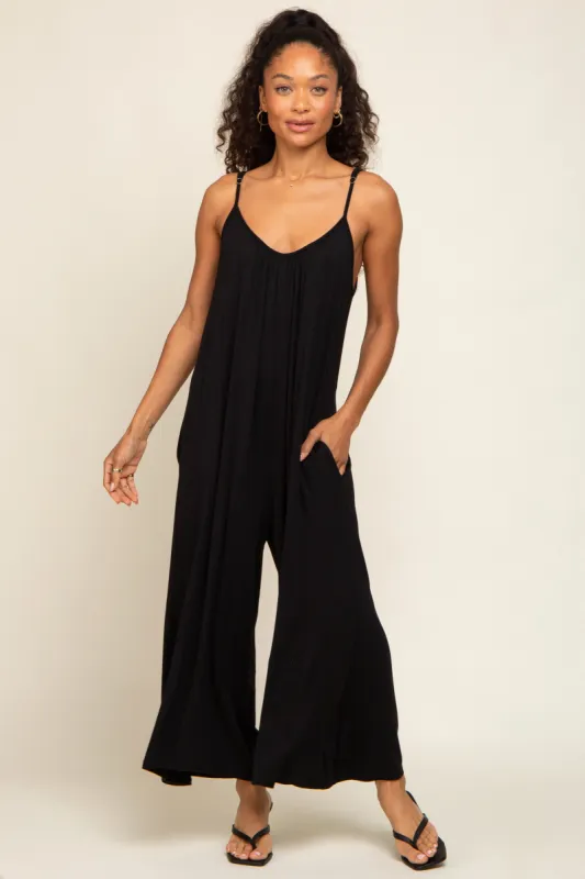 Black Basic Cropped Wide Leg Jumpsuit sold by Pinkblush