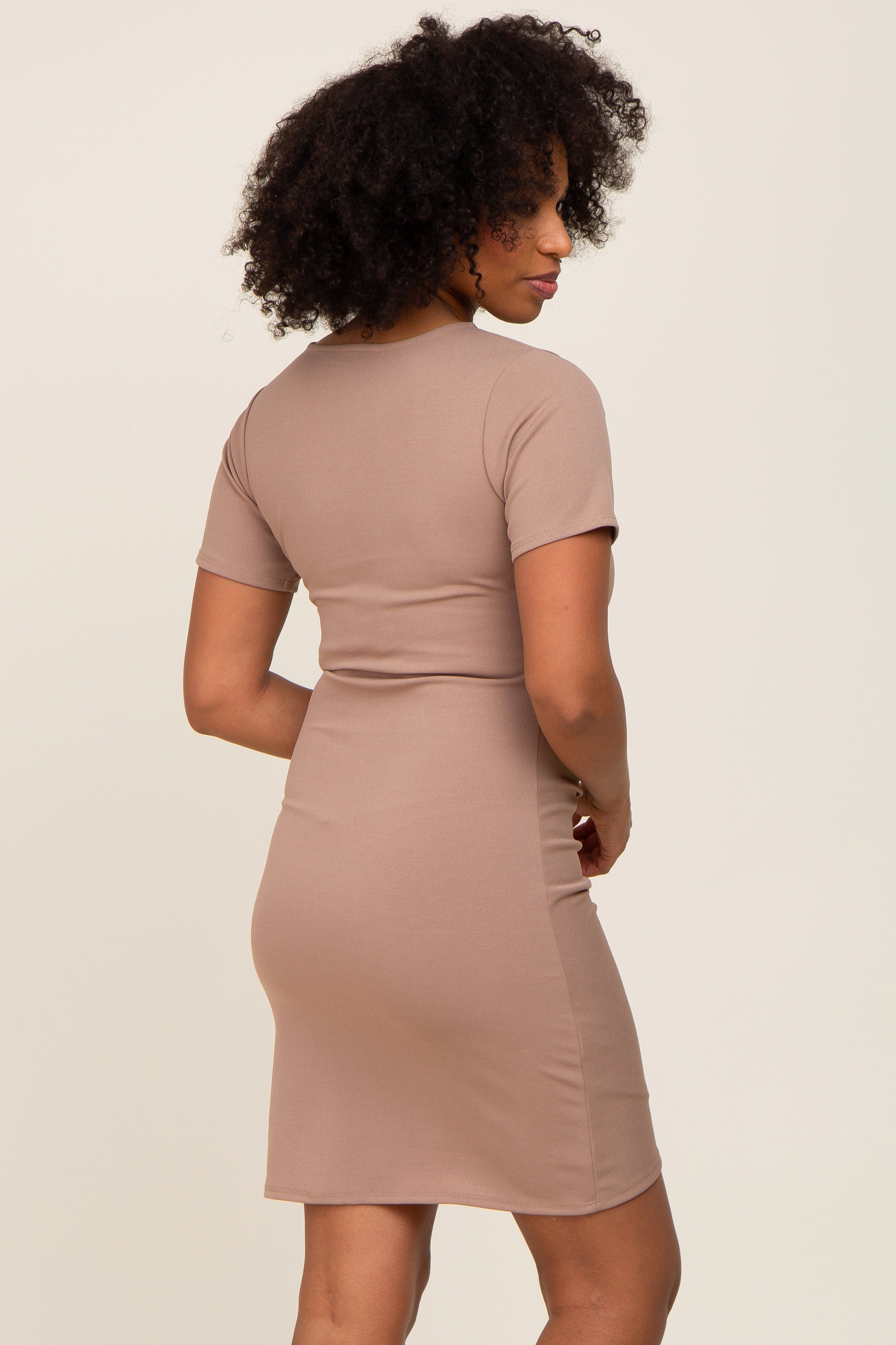 Taupe Ruched Wrap Tulip Hem Fitted Dress sold by Pinkblush product image thumbnail 3