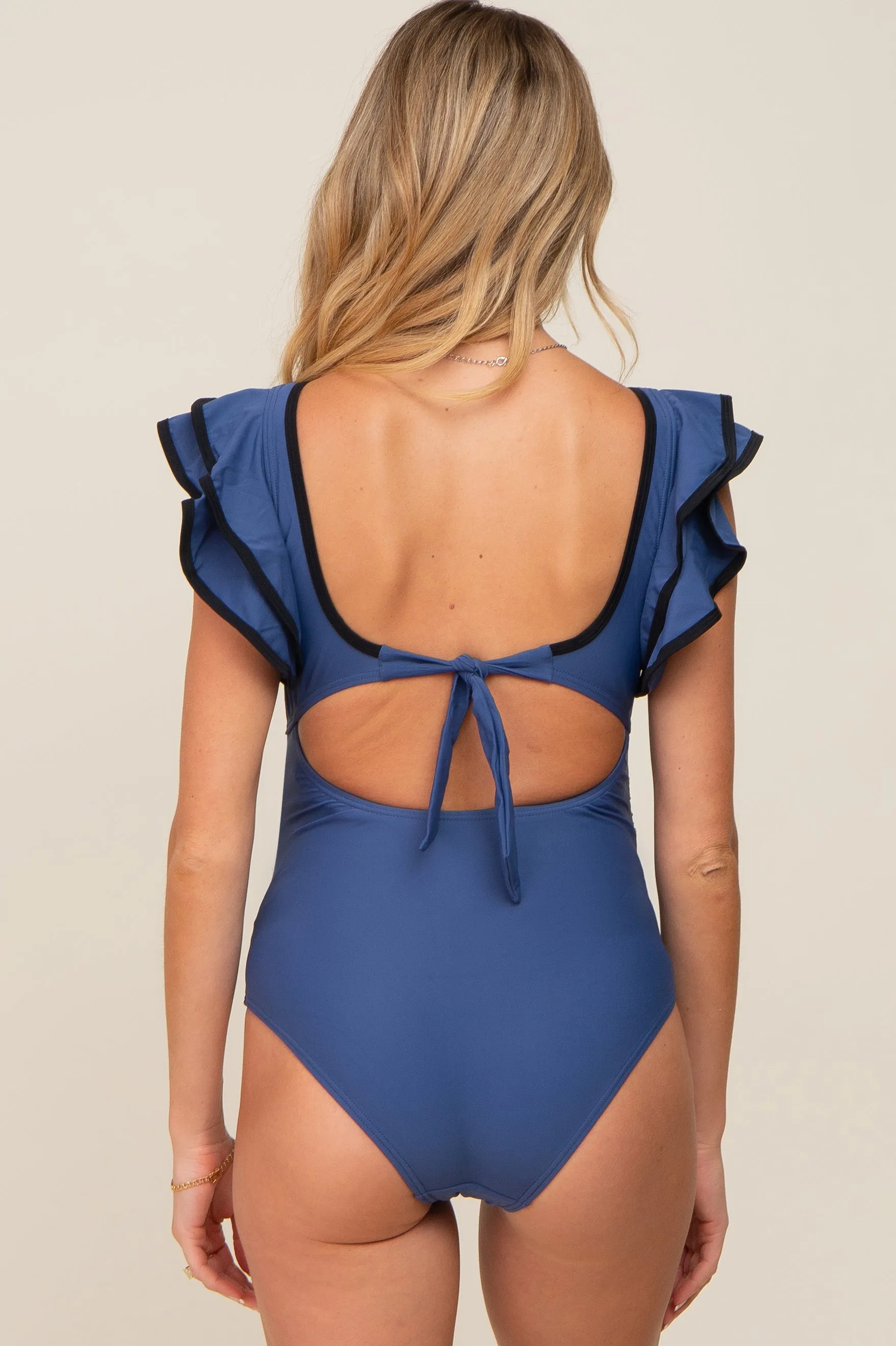 Blue Color Blocked Ruffle Shoulder Cutout Back Maternity One Piece Swimsuit sold by Pinkblush product image thumbnail 3