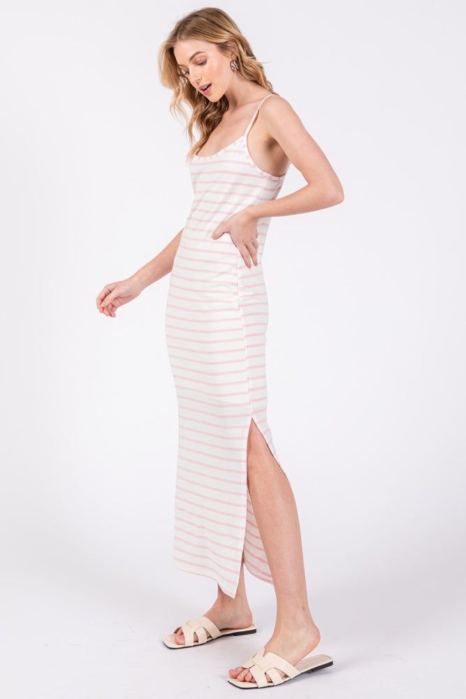 Light Pink Striped Knit Side Slit Sleeveless Midi Dress sold by Pinkblush product image thumbnail 2