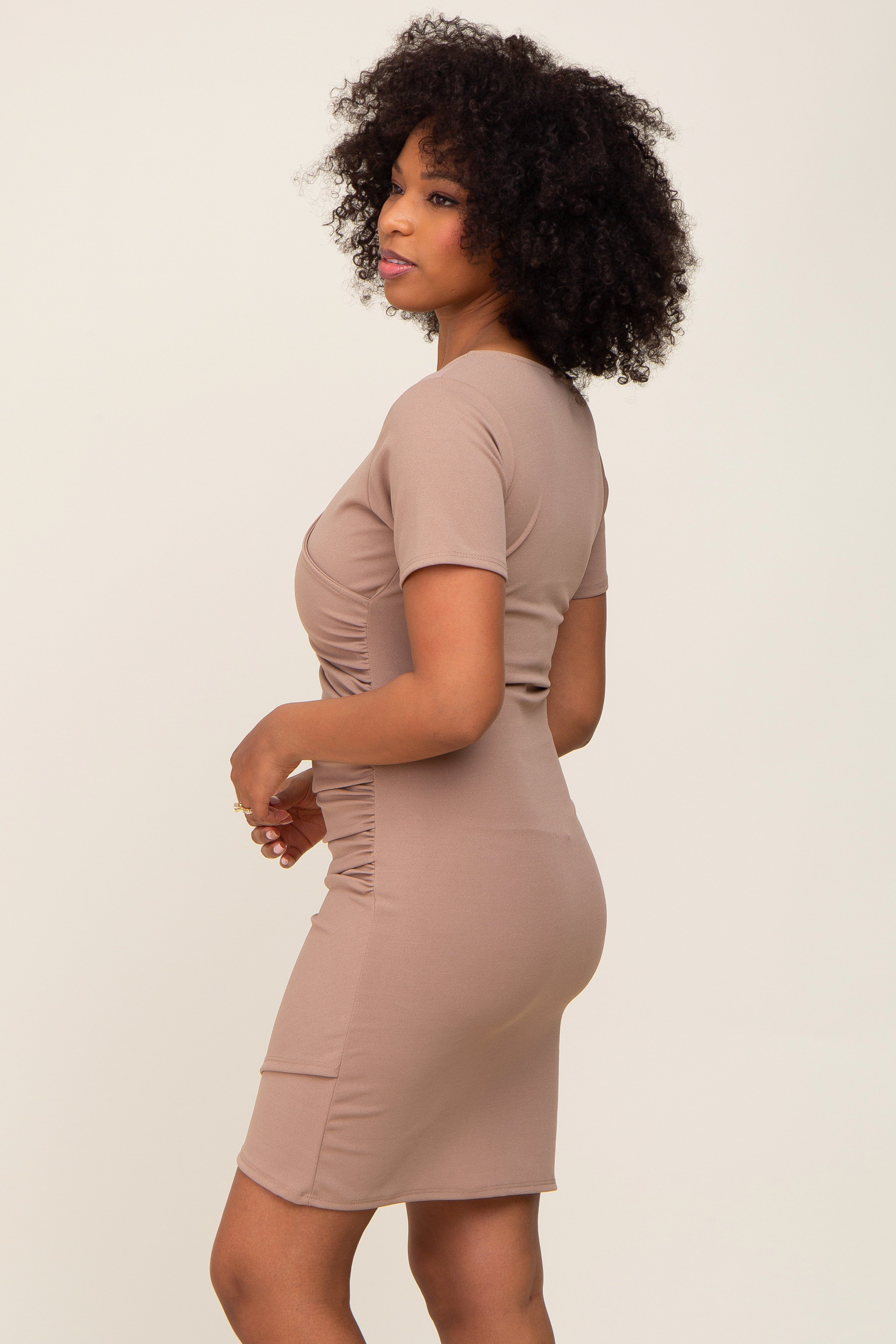 Taupe Ruched Wrap Tulip Hem Fitted Dress sold by Pinkblush product image thumbnail 2