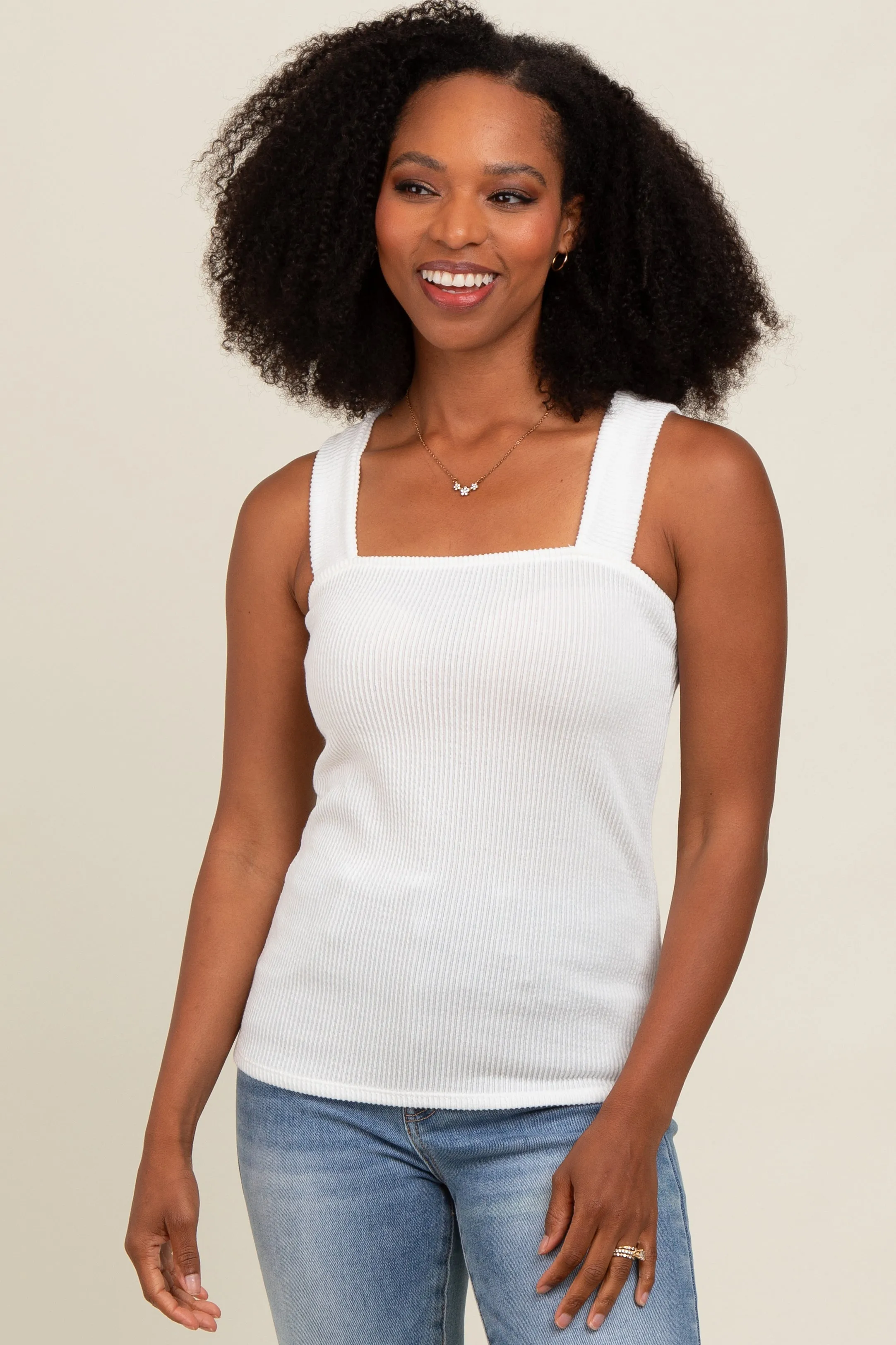 Ivory Ribbed Square Neck Tank Top sold by Pinkblush
