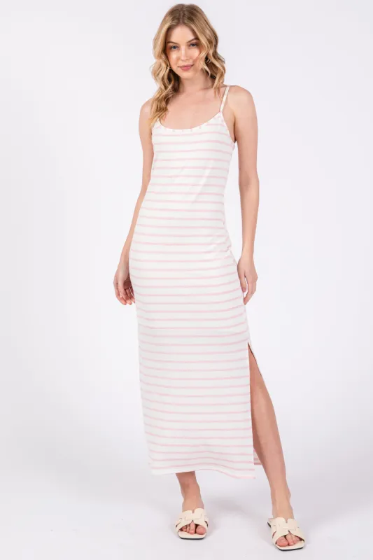 Light Pink Striped Knit Side Slit Sleeveless Midi Dress sold by Pinkblush