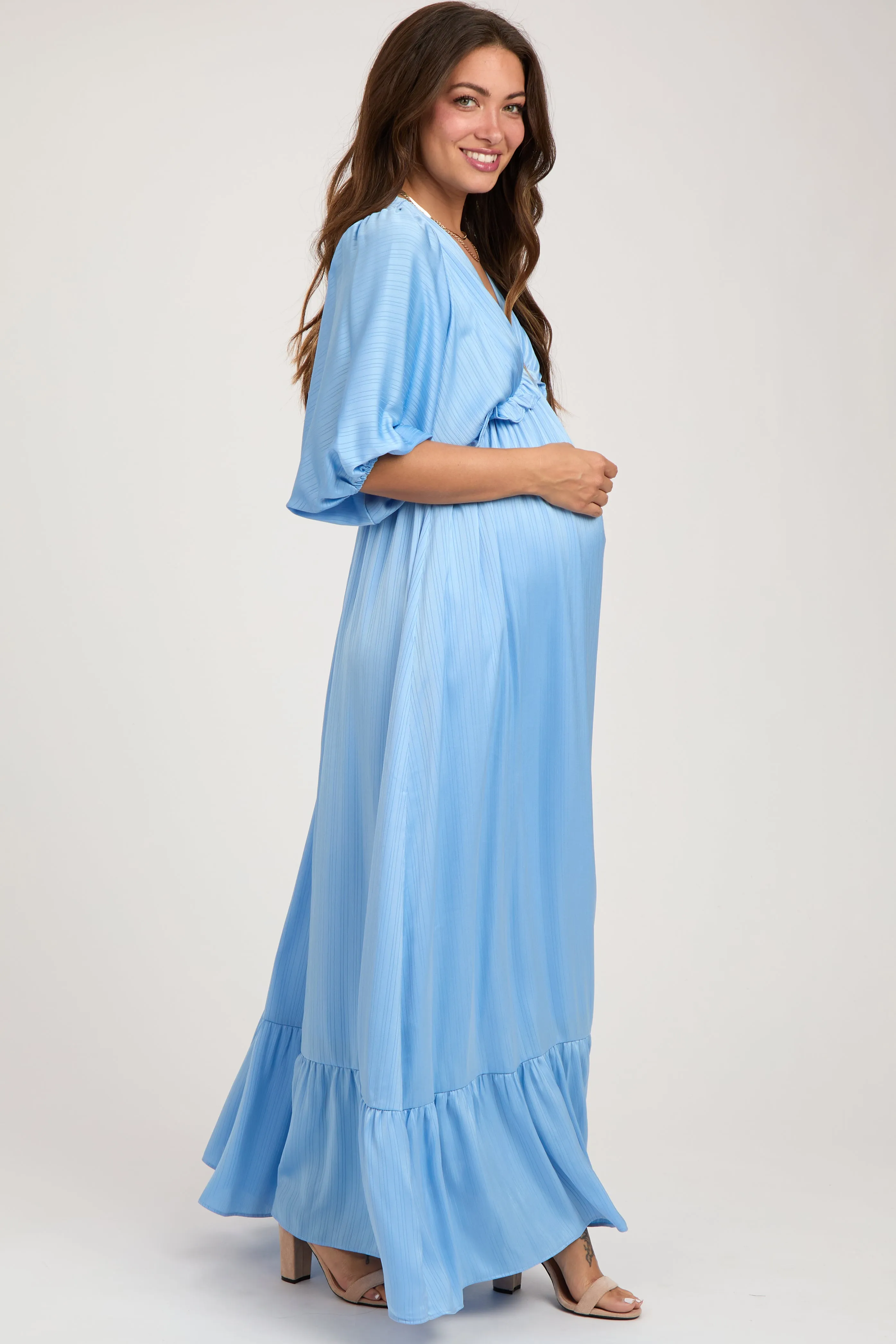 Light Blue Striped Ruffle Accent Maternity Maxi Dress sold by Pinkblush product image thumbnail 3