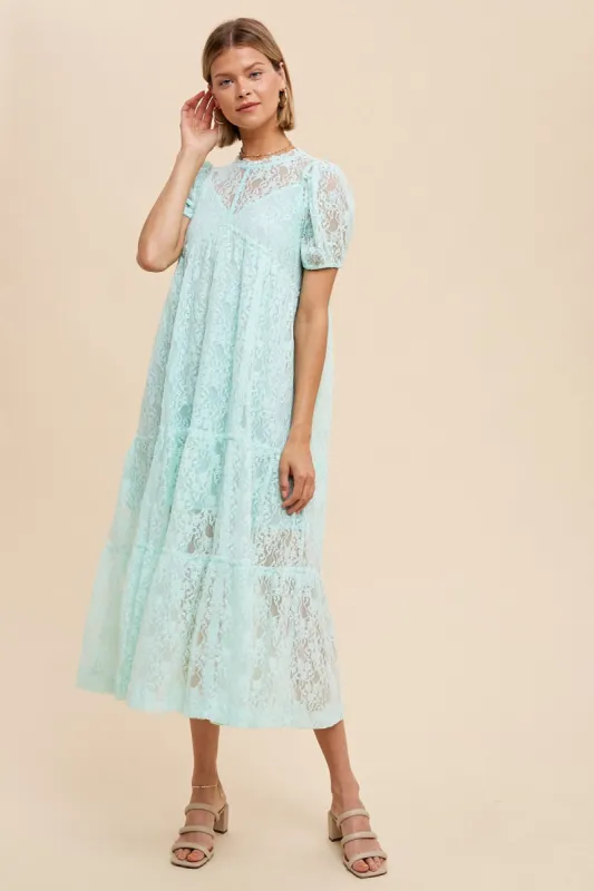 Mint Lace Tiered Midi Dress sold by Pinkblush