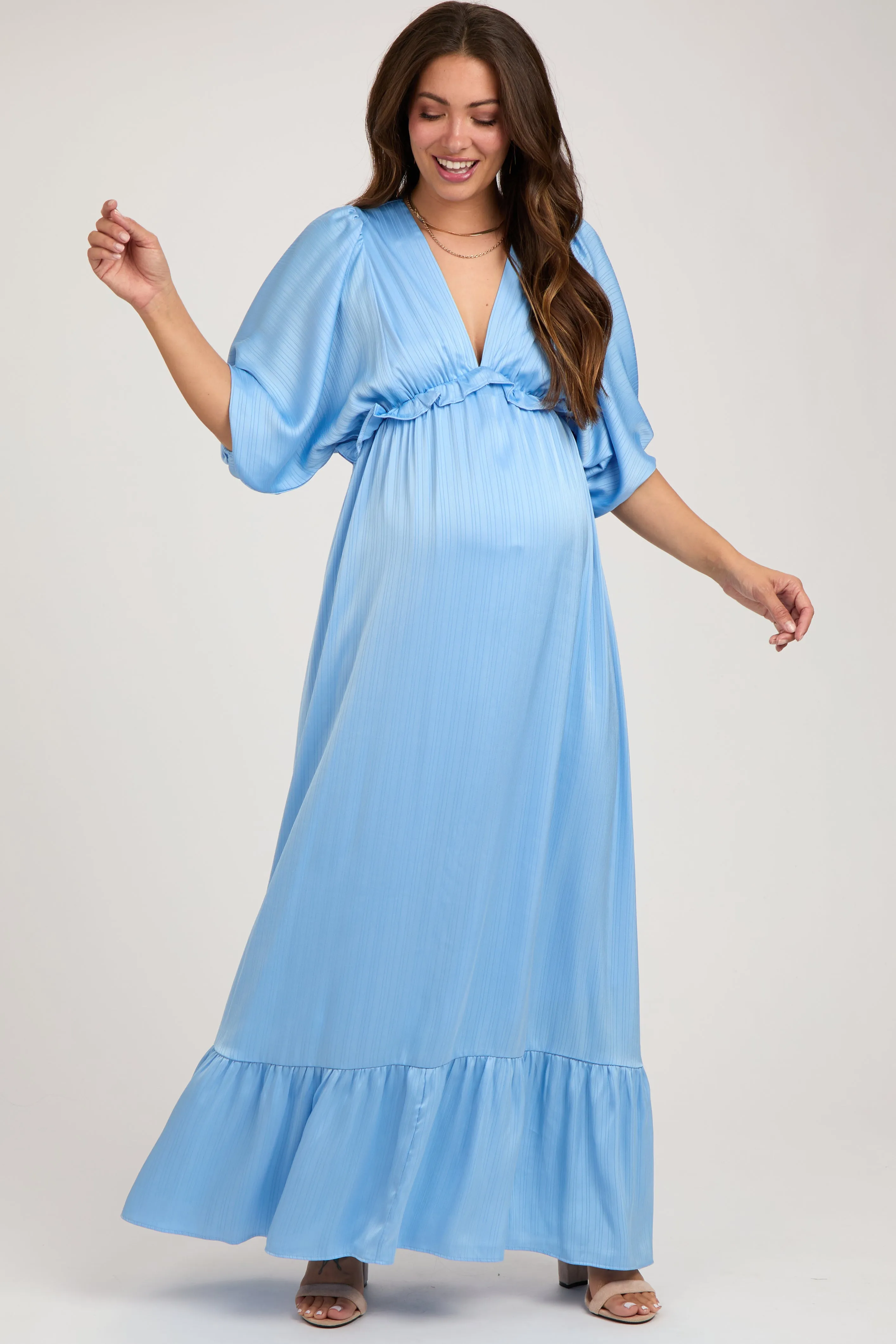 Light Blue Striped Ruffle Accent Maternity Maxi Dress sold by Pinkblush