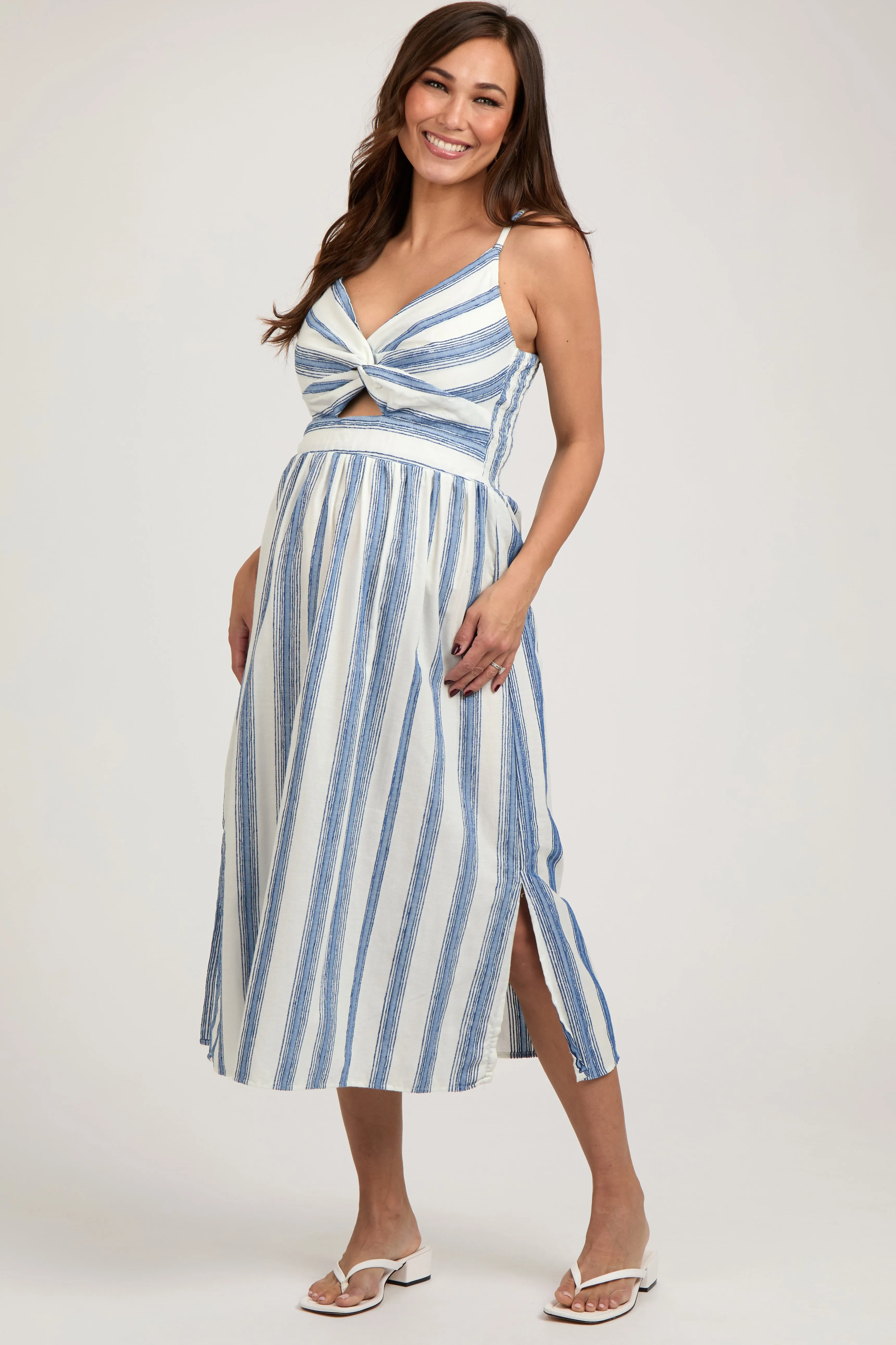 Blue Embroidered Striped Front Cutout Side Slit Maternity Midi Dress sold by Pinkblush