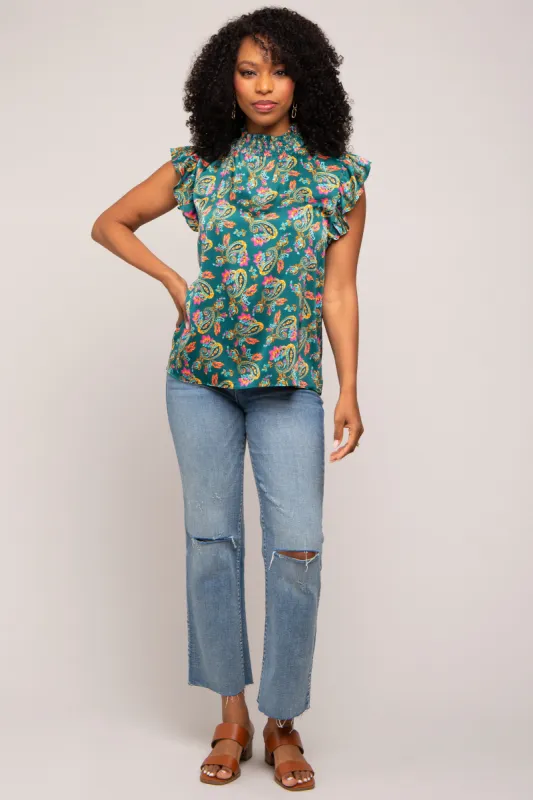 Forest Green Paisley Satin Smocked Neck Blouse sold by Pinkblush