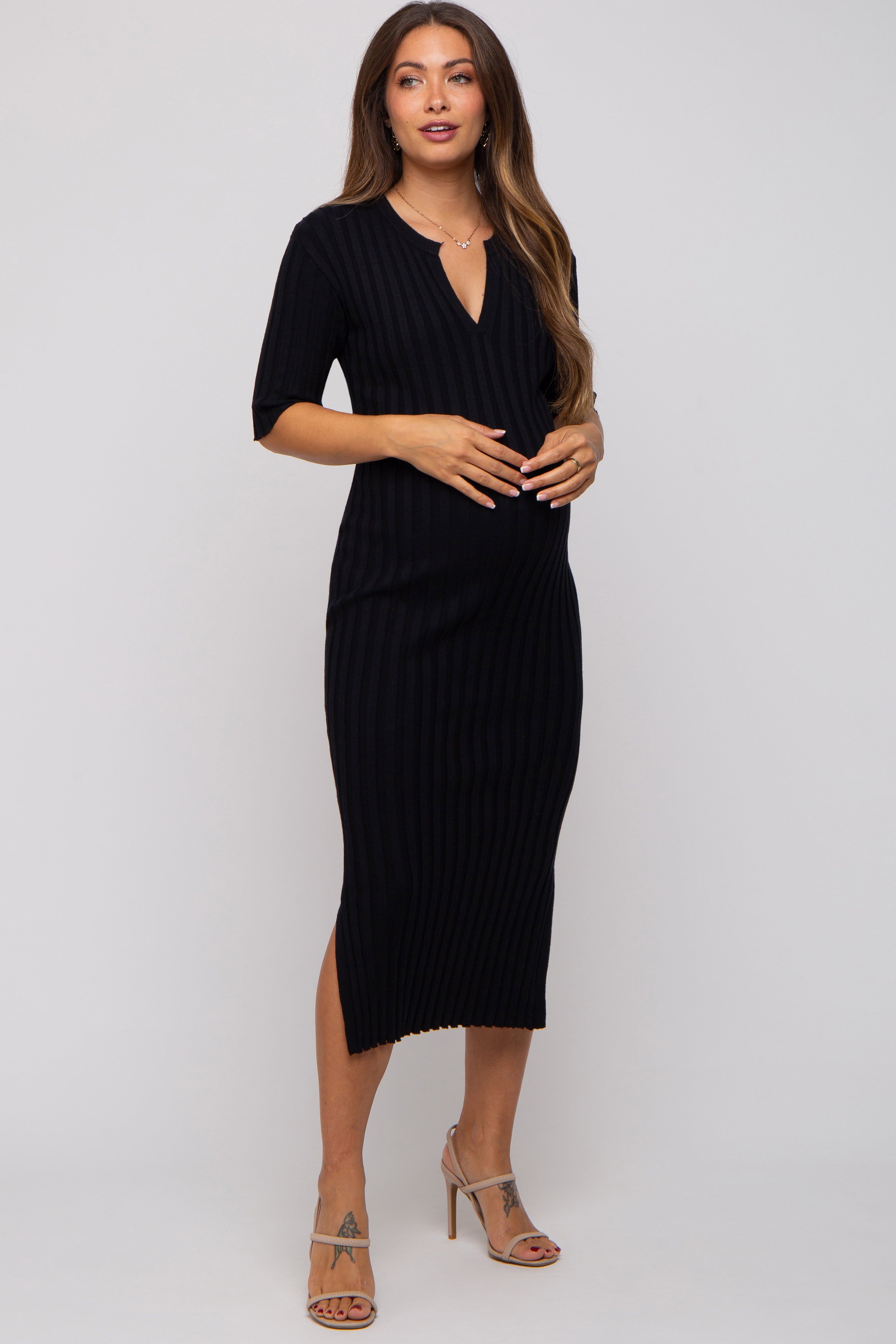 Black Ribbed Knit Maternity Midi Dress sold by Pinkblush product image thumbnail 4