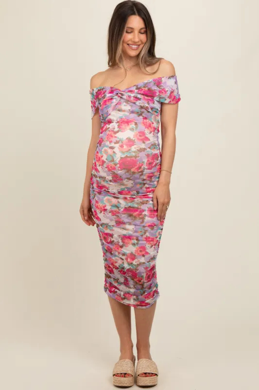 Fuchsia Floral Off Shoulder Ruched Maternity Midi Dress sold by Pinkblush