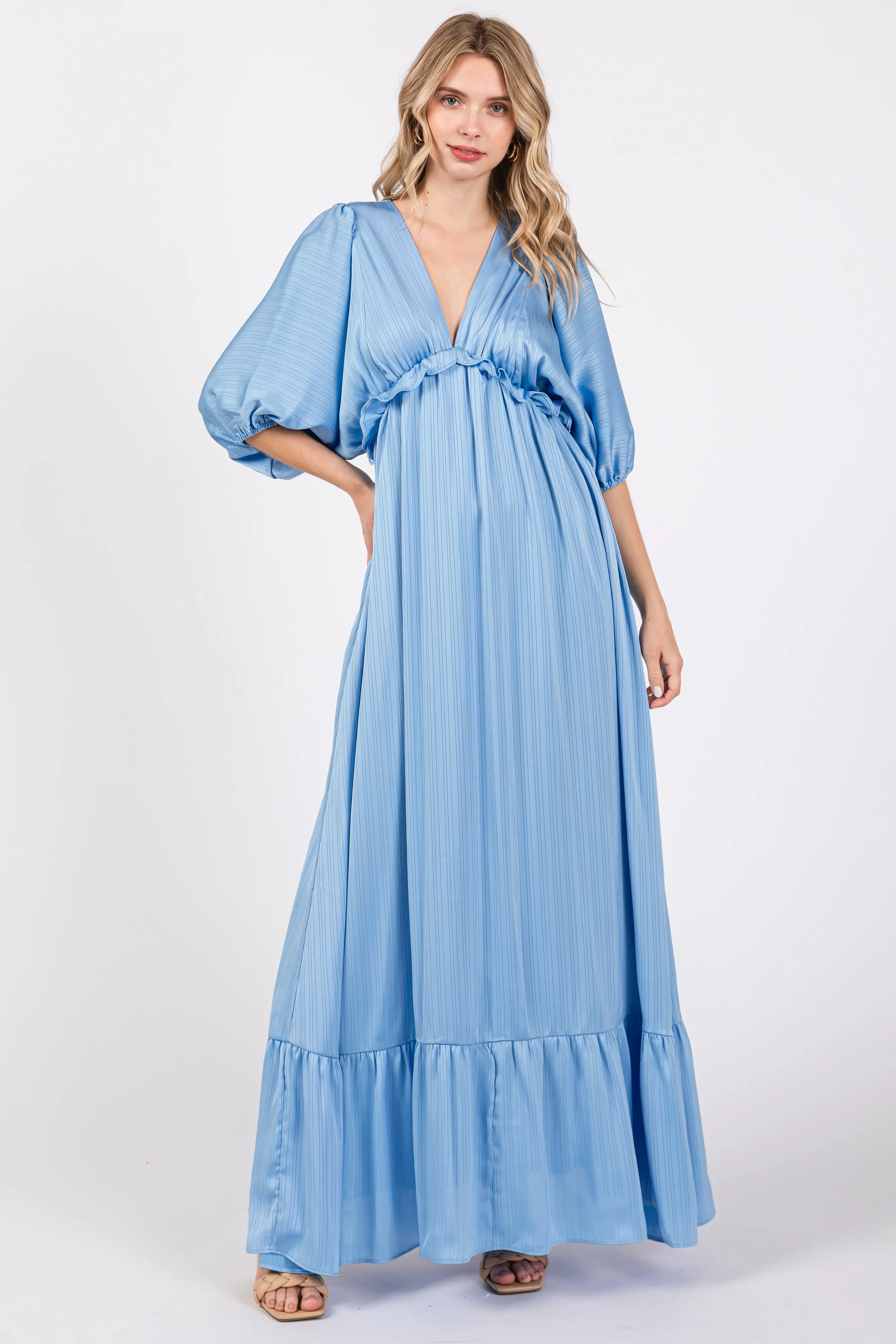 Light Blue Striped Ruffle Accent Maternity Maxi Dress sold by Pinkblush product image thumbnail 5