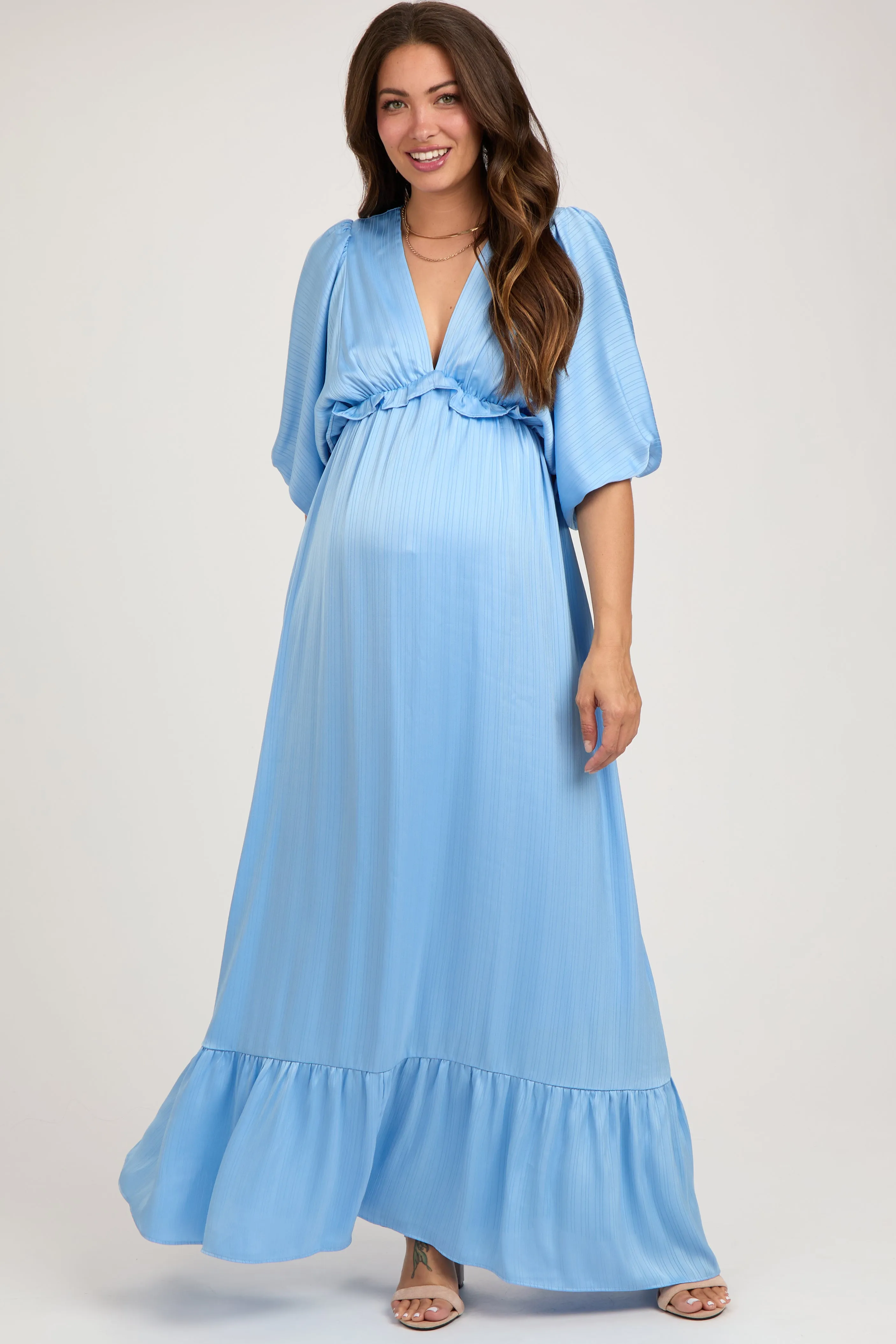 Light Blue Striped Ruffle Accent Maternity Maxi Dress sold by Pinkblush product image thumbnail 2