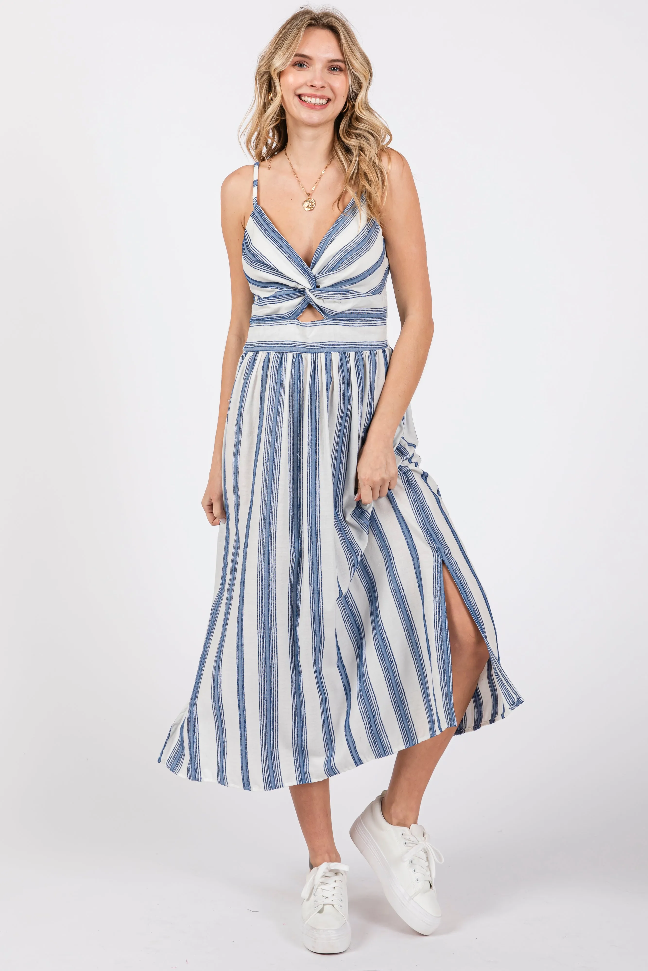 Blue Embroidered Striped Front Cutout Side Slit Maternity Midi Dress sold by Pinkblush product image thumbnail 5