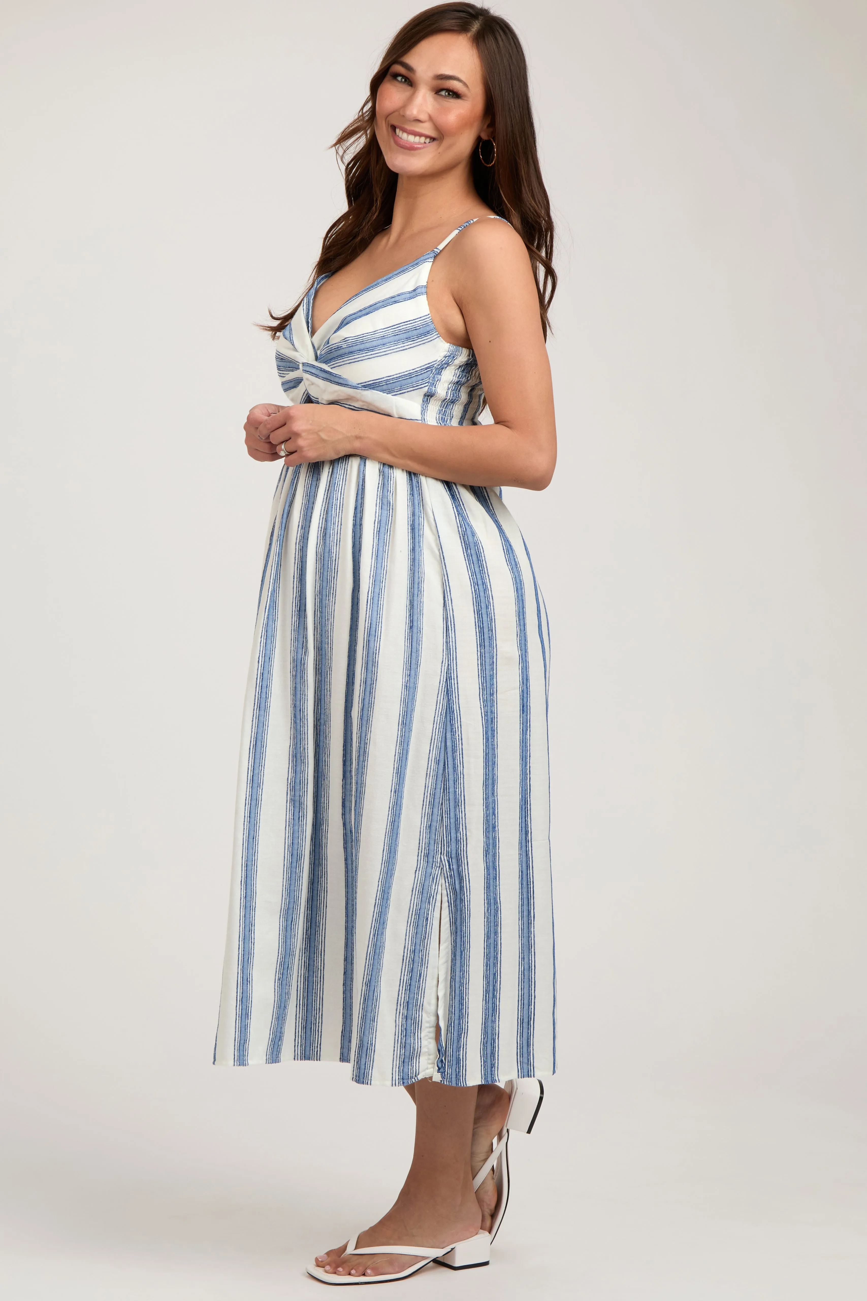 Blue Embroidered Striped Front Cutout Side Slit Maternity Midi Dress sold by Pinkblush product image thumbnail 2