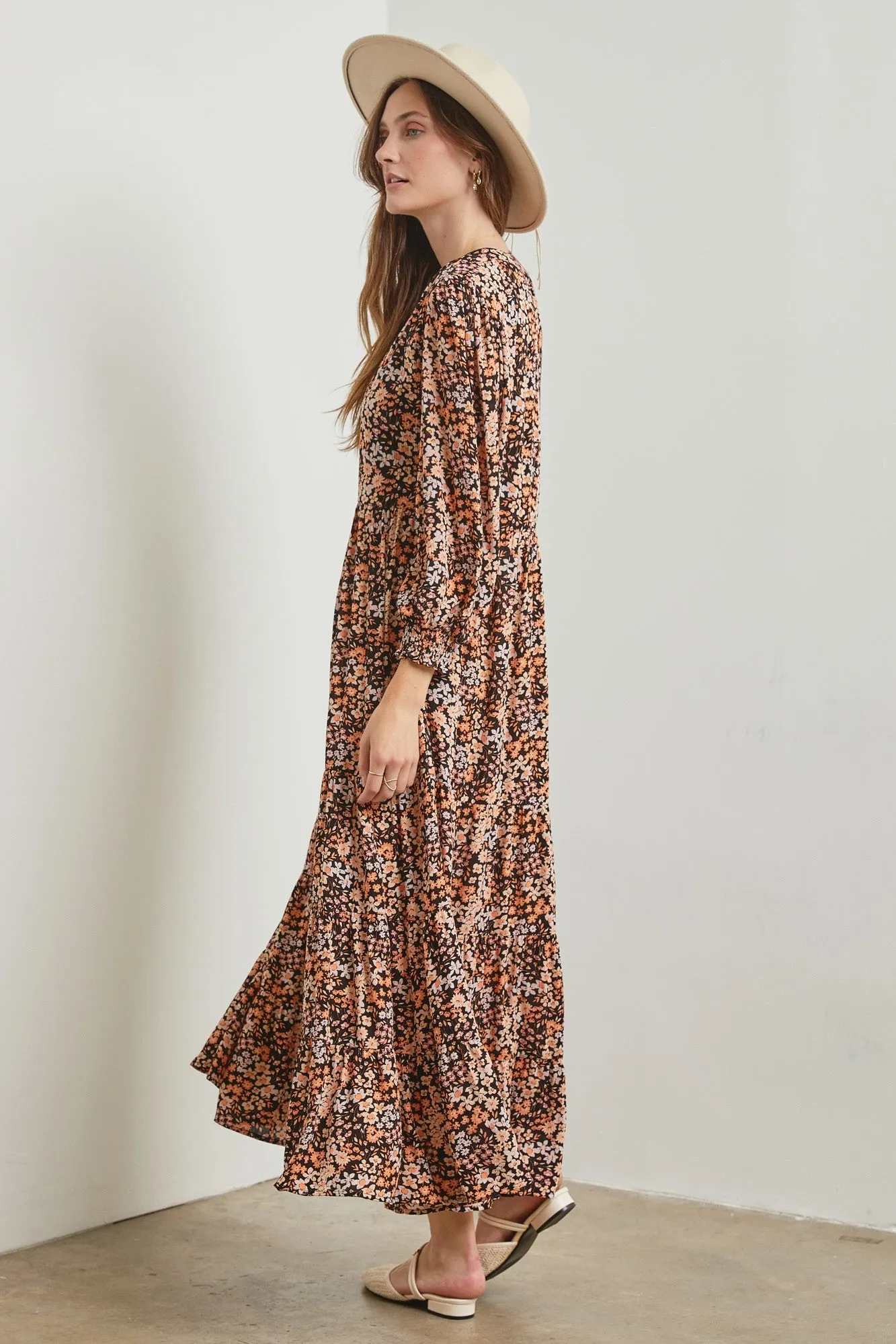 Black Floral Tiered Long Sleeve Dress sold by Pinkblush product image thumbnail 2
