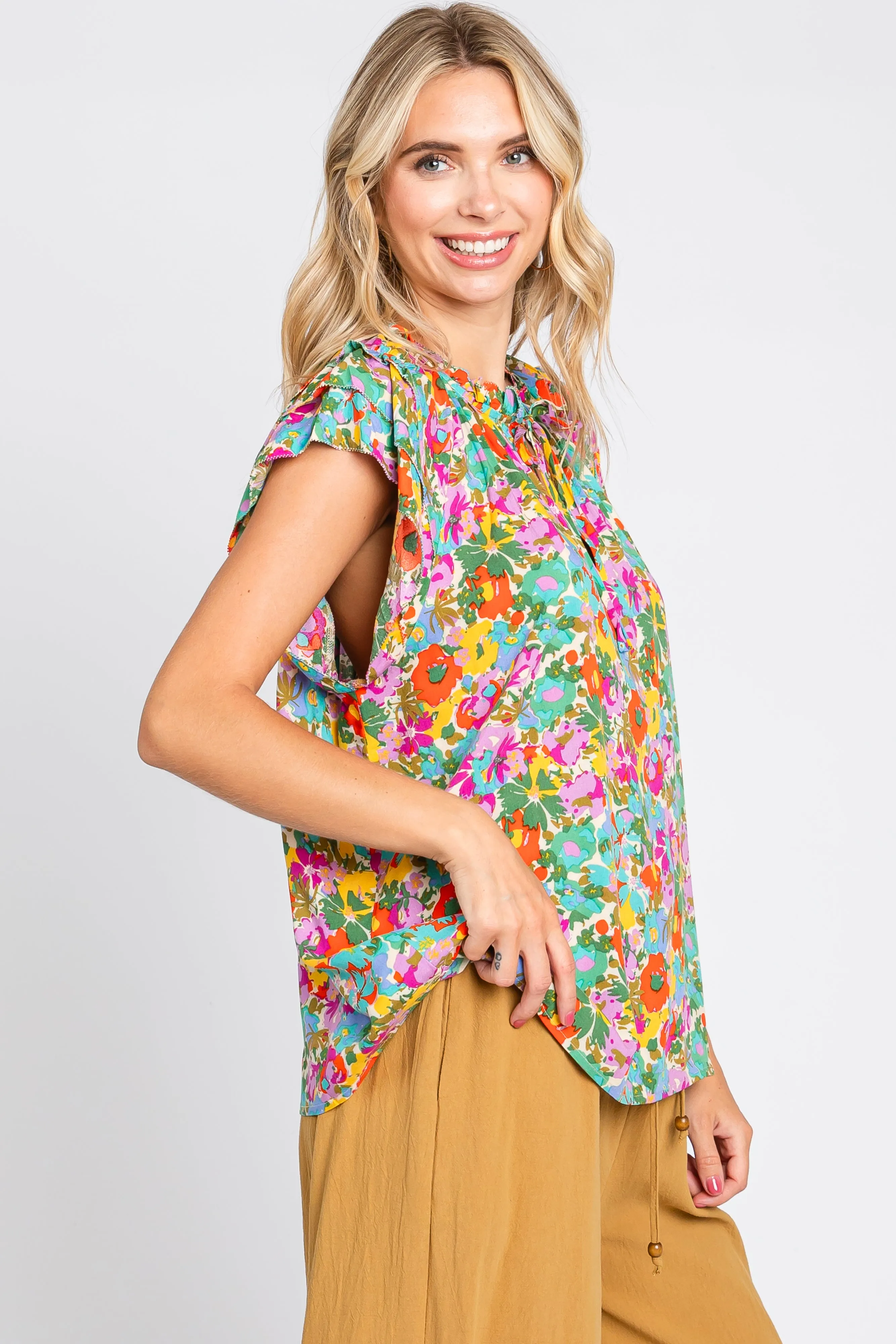 Mint Green Multi-Color Floral Ruffle Front Tie Top sold by Pinkblush product image thumbnail 3