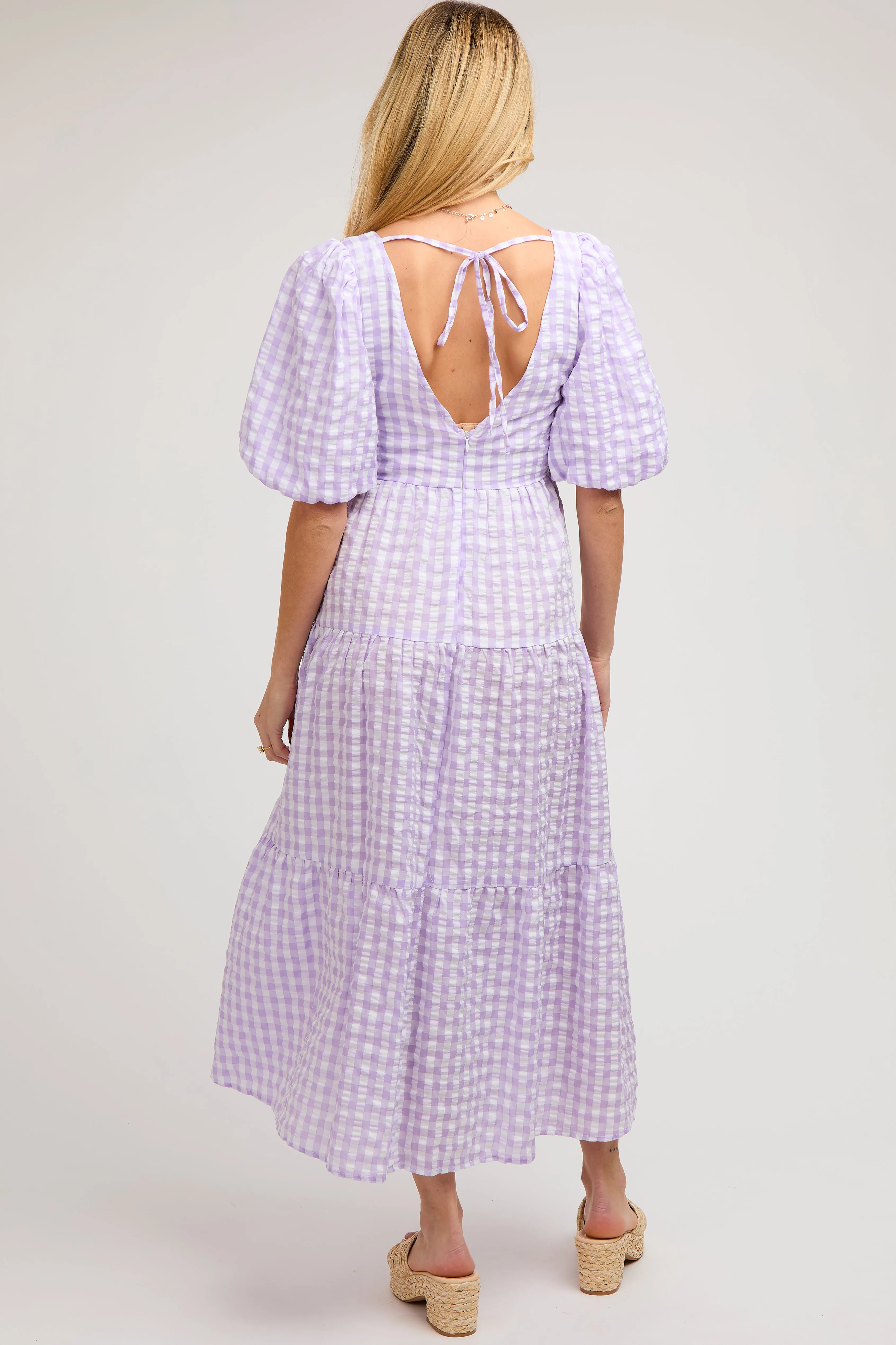 Lavender Gingham Puff Sleeve Maternity Tiered Midi Dress sold by Pinkblush product image thumbnail 3