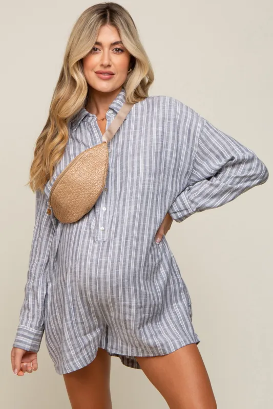 Grey Striped Button Up Linen Maternity Romper sold by Pinkblush