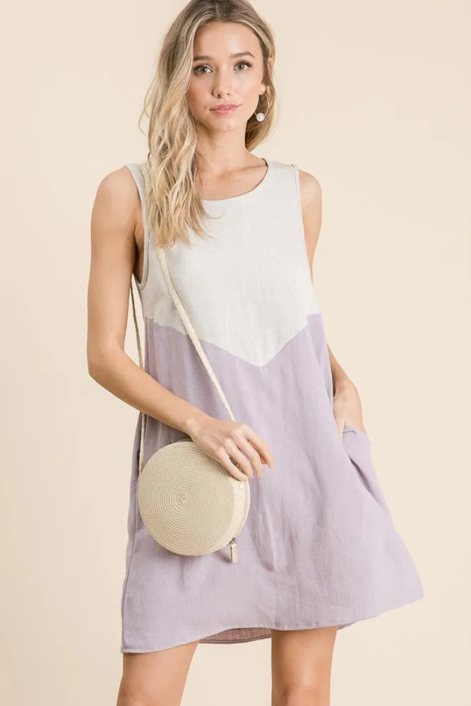 Lavender Solid Linen Colorblock A Line Dress sold by Pinkblush