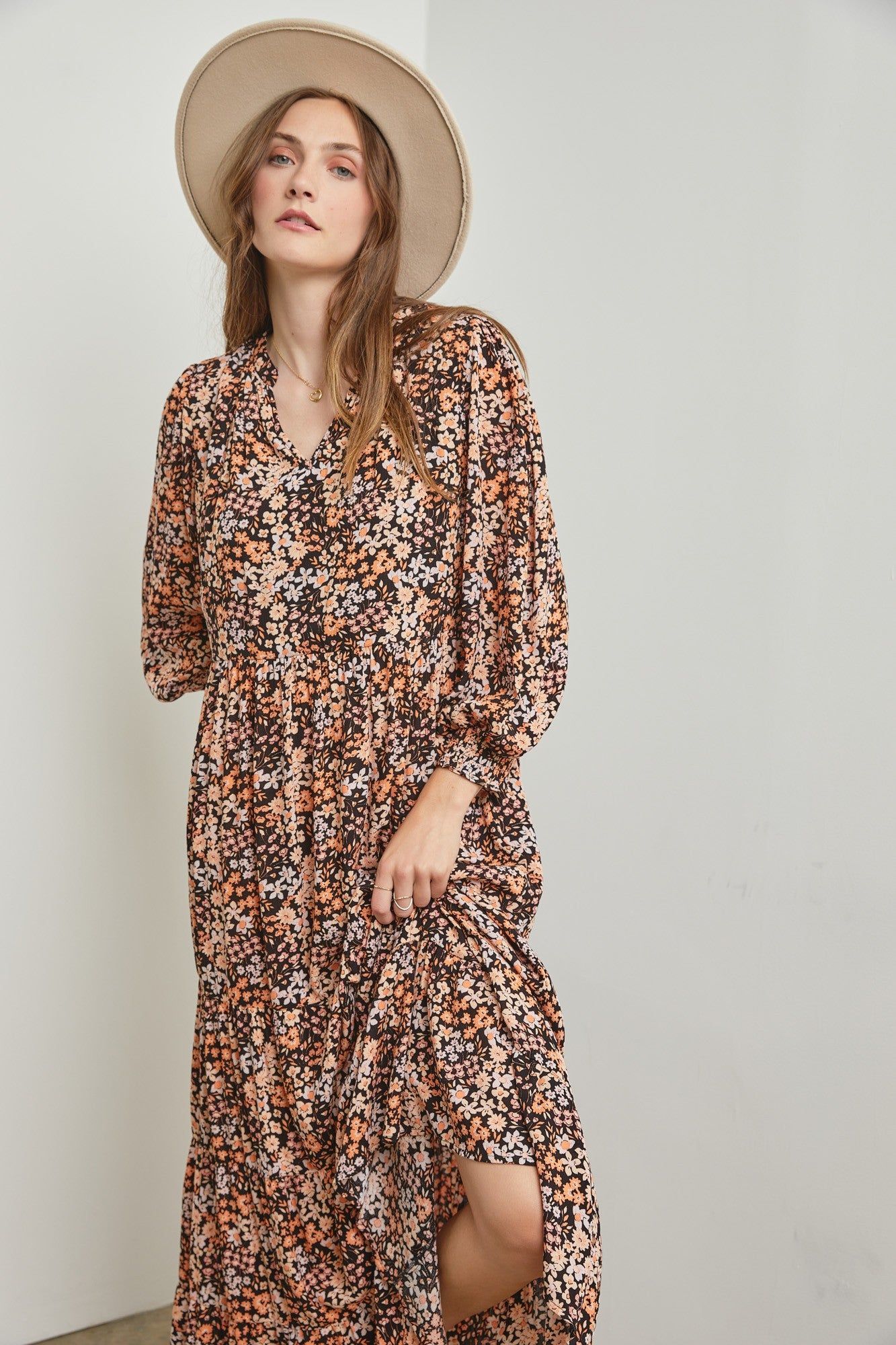 Black Floral Tiered Long Sleeve Dress sold by Pinkblush product image thumbnail 4