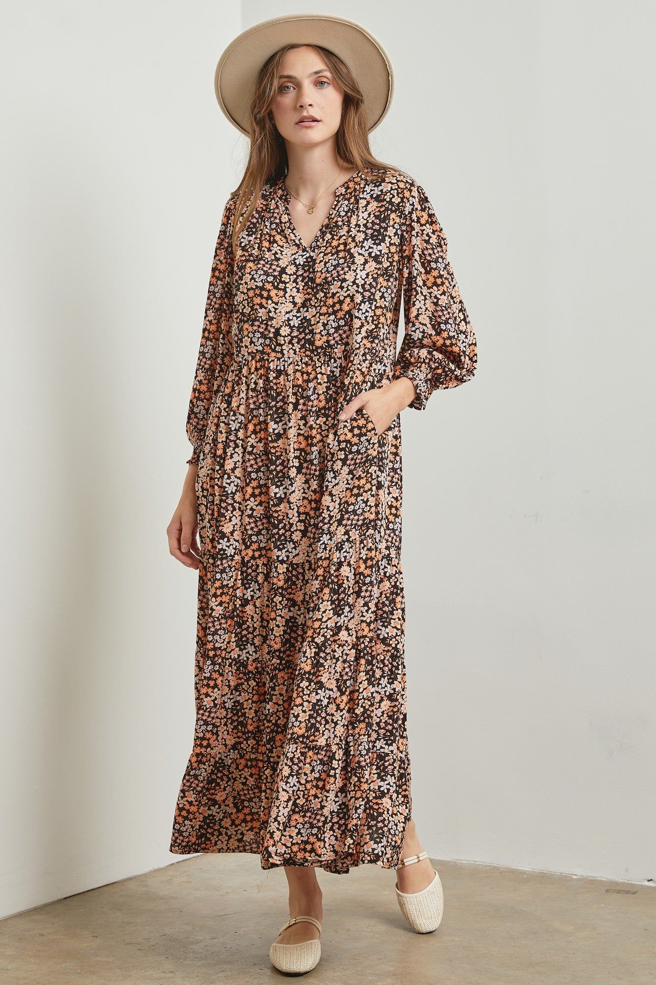 Black Floral Tiered Long Sleeve Dress sold by Pinkblush